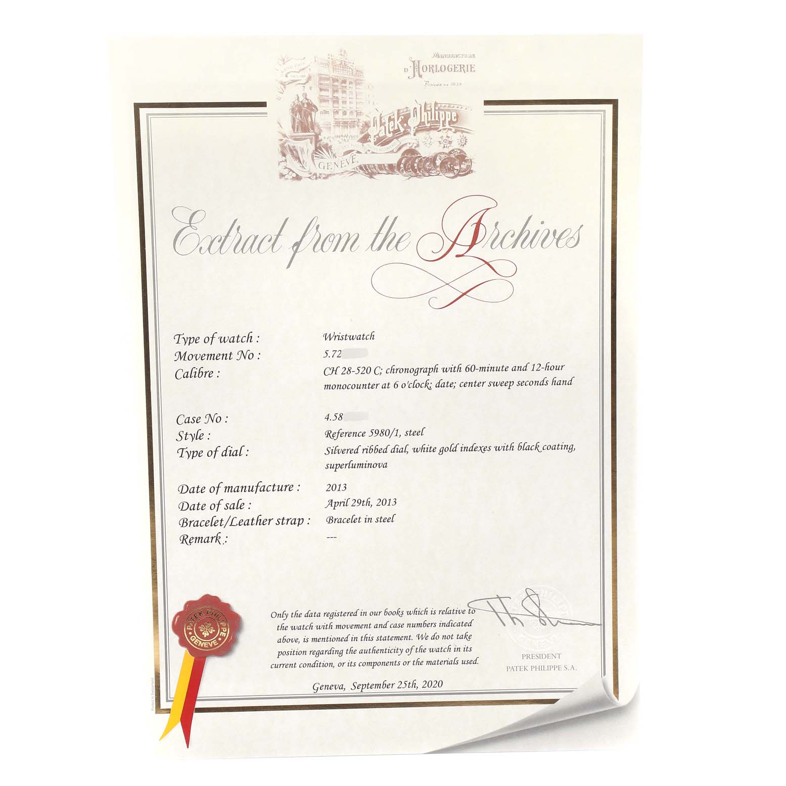 The image shows a certificate for a Patek Philippe Nautilus 5980/1A-019 Men's Stainless Steel White Dial 5980/1A-019 Men's Stainless Steel White Dial model, detailing specifications and sale information.