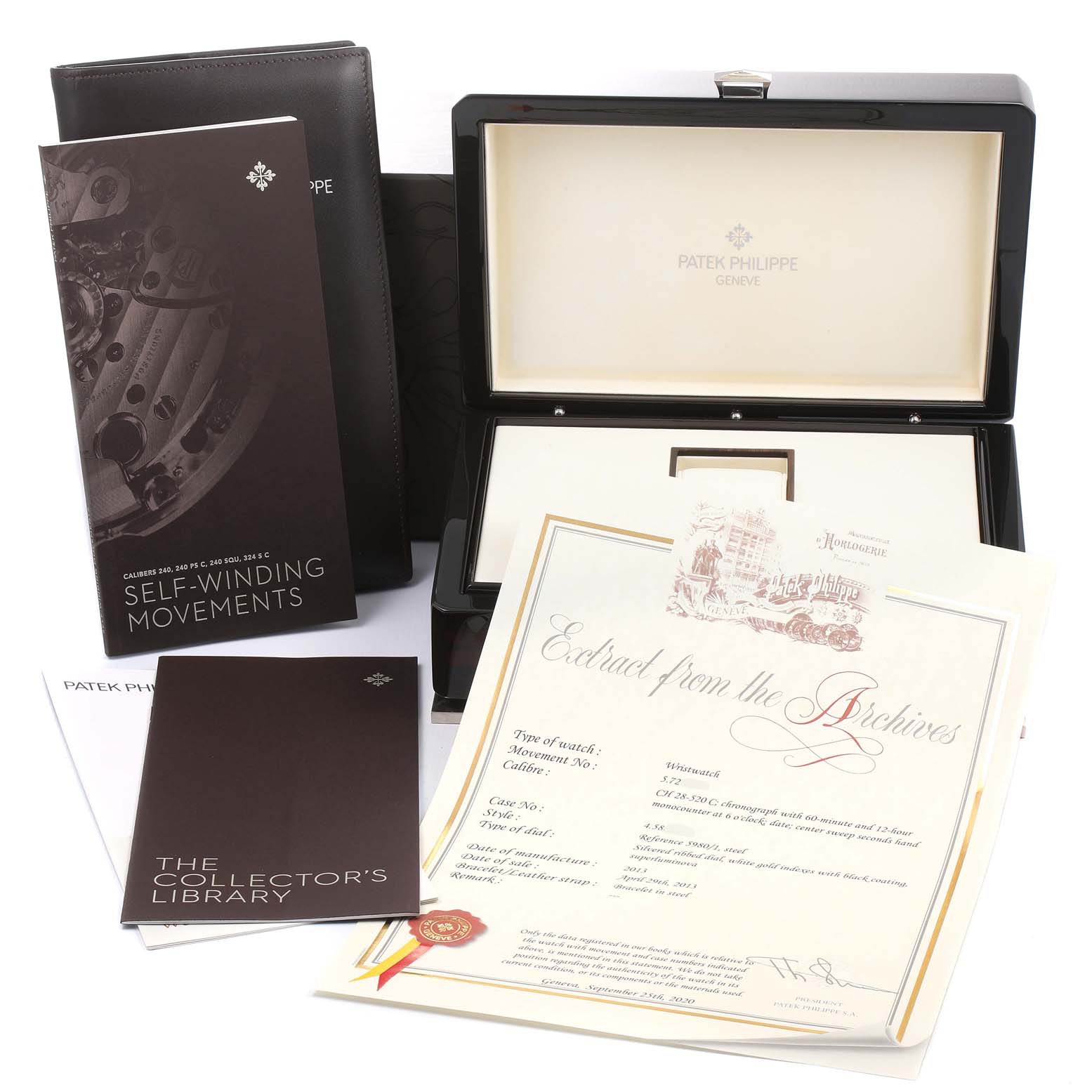 The image shows an open box, documents, and certificates for a Patek Philippe Nautilus 5980/1A-019 Men's Stainless Steel White Dial 5980/1A-019 Men's Stainless Steel White Dial watch.