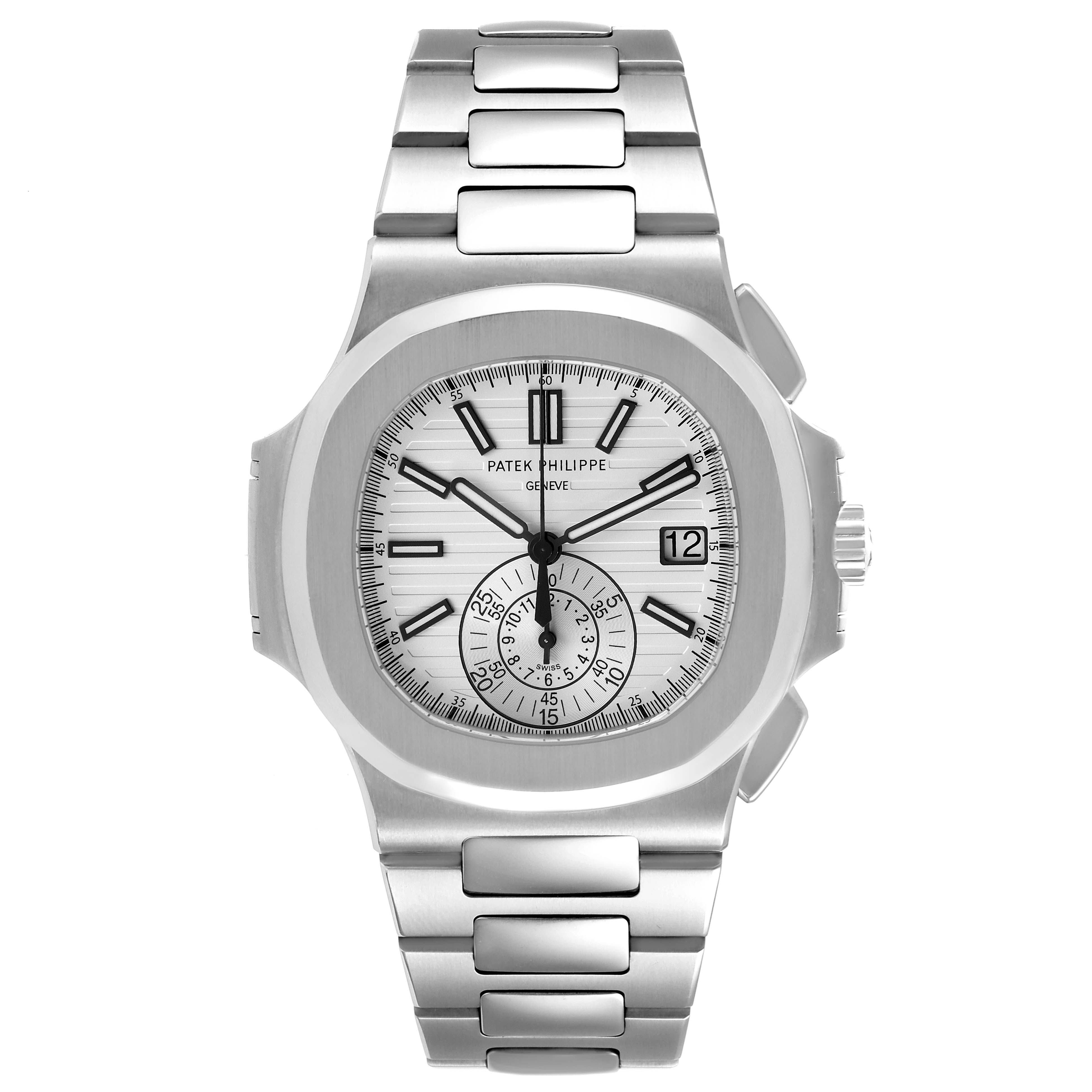 The image shows a front view of the Patek Philippe Nautilus 5980/1A-019 Men's Stainless Steel White Dial 5980/1A-019 Men's Stainless Steel White Dial watch, highlighting its dial, bezel, and bracelet.