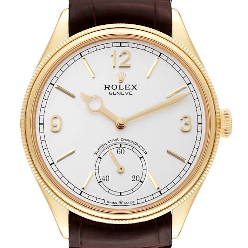 Photo of NOT FOR SALE Rolex 1908 18k Yellow Gold Silver Dial Brown Strap Mens Watch 52508 Box Card Partial Payment