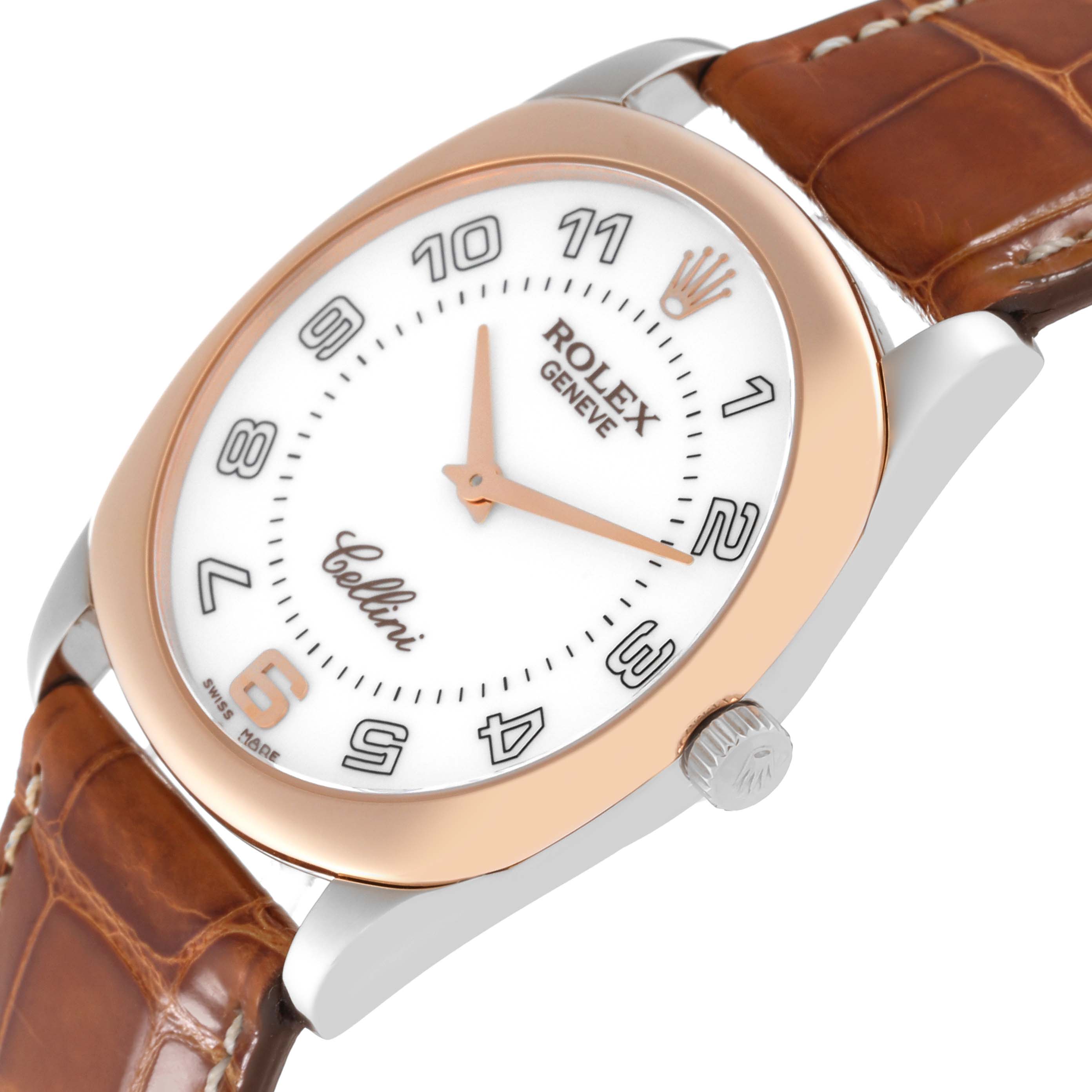 The Rolex Cellini 4233 Men's White Gold White Dial 4233 Men's White Gold White Dial watch is shown from an angled top view, highlighting its dial, bezel, crown, and leather strap.