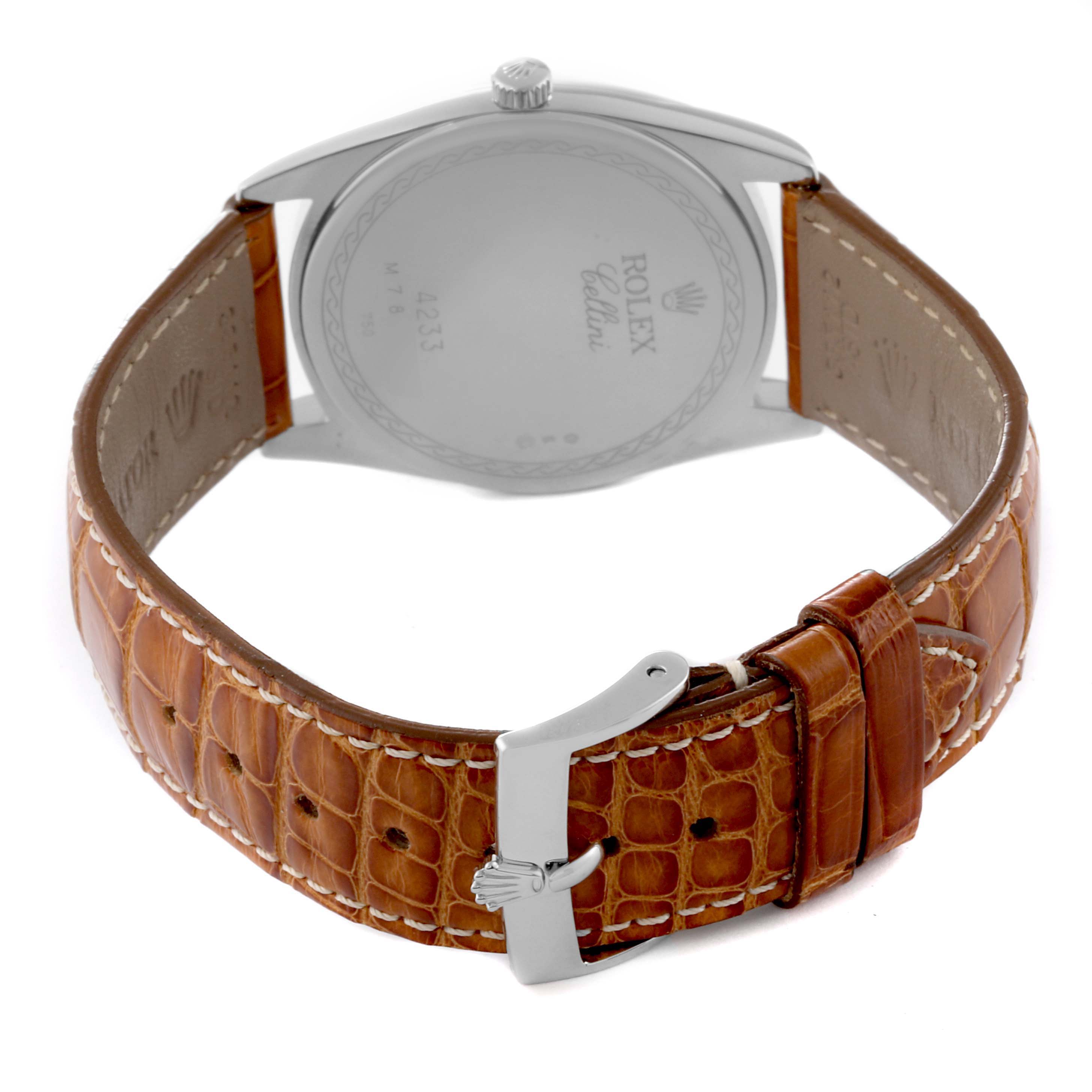 The image shows the back view of a Rolex Cellini 4233 Men's White Gold White Dial 4233 Men's White Gold White Dial watch with its leather strap and clasp fully visible.
