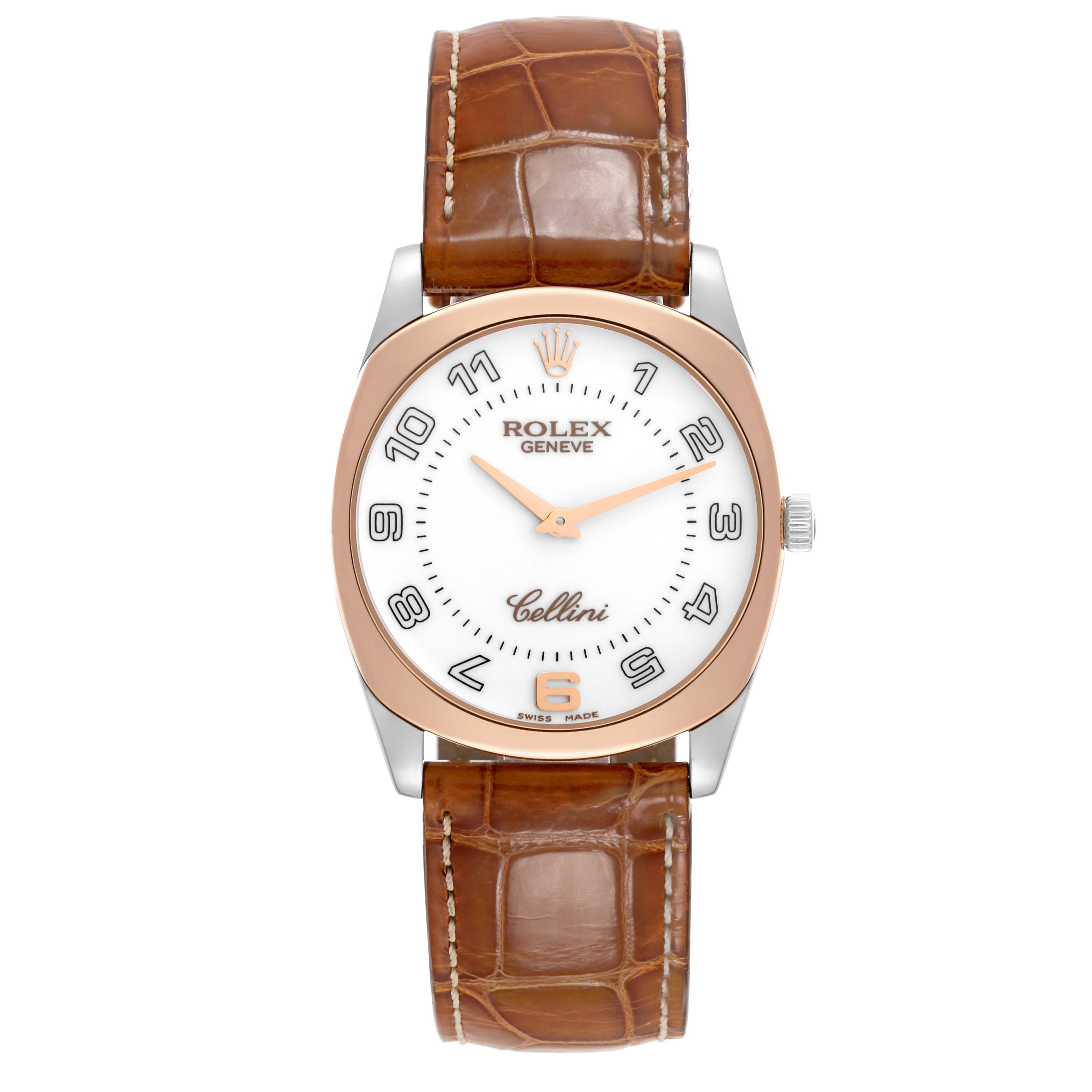 The Rolex Cellini 4233 Men's White Gold White Dial 4233 Men's White Gold White Dial watch is shown from a front angle, featuring its dial, crown, and leather strap.