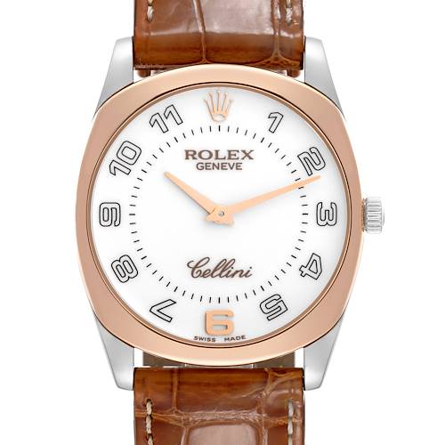 This image shows a front view of the Rolex Cellini watch, featuring its dial, hands, crown, and leather strap.