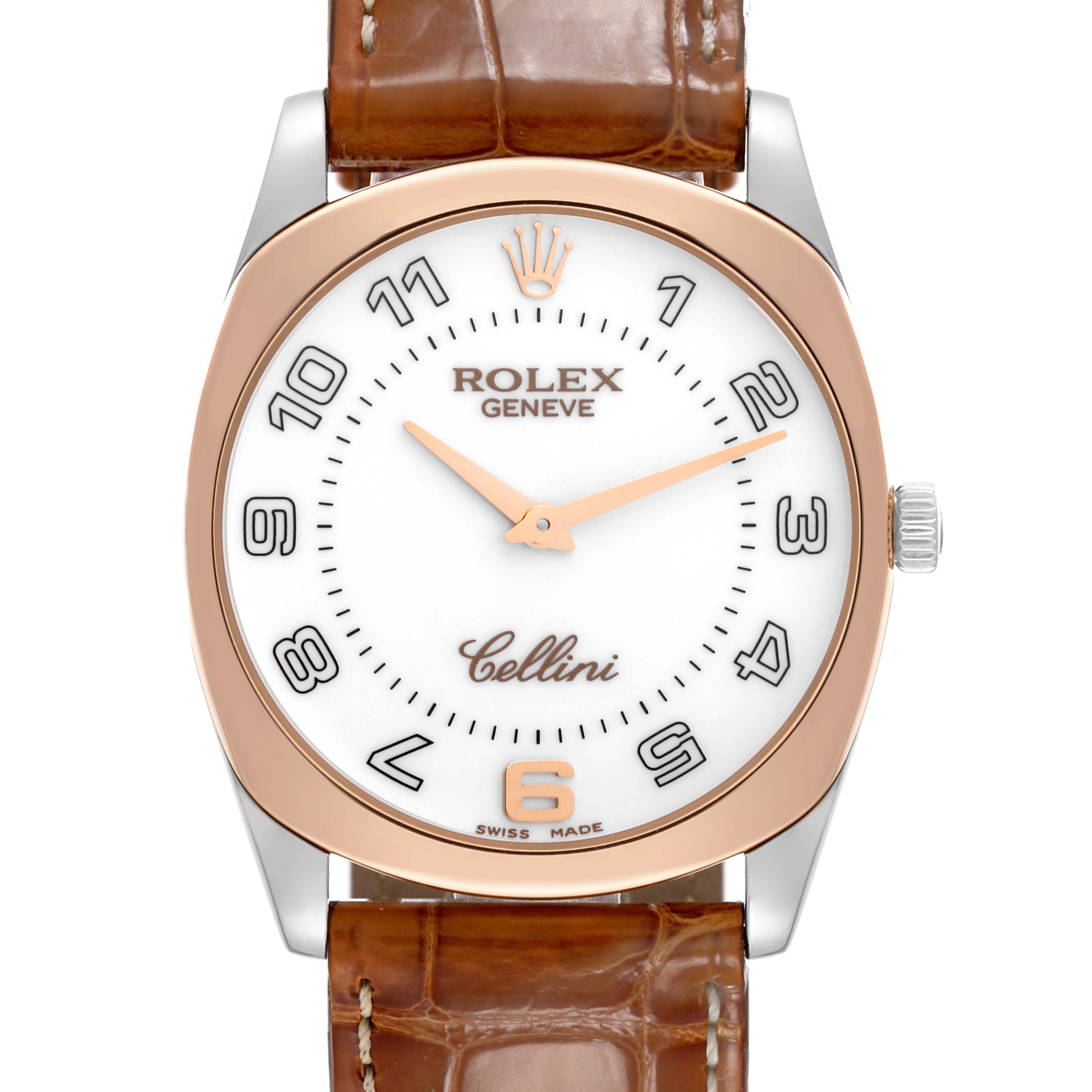 This image shows a front angle of the Rolex Cellini 4233 Men's White Gold White Dial 4233 Men's White Gold White Dial watch, highlighting its face, bezel, crown, and leather strap.