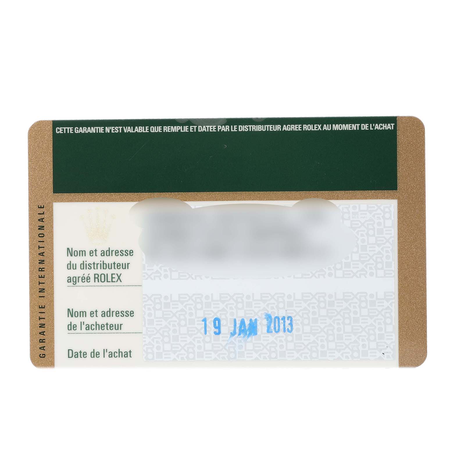 This image shows the warranty card for a Rolex Cellini 4233 Men's White Gold White Dial 4233 Men's White Gold White Dial watch with the purchase date visible.