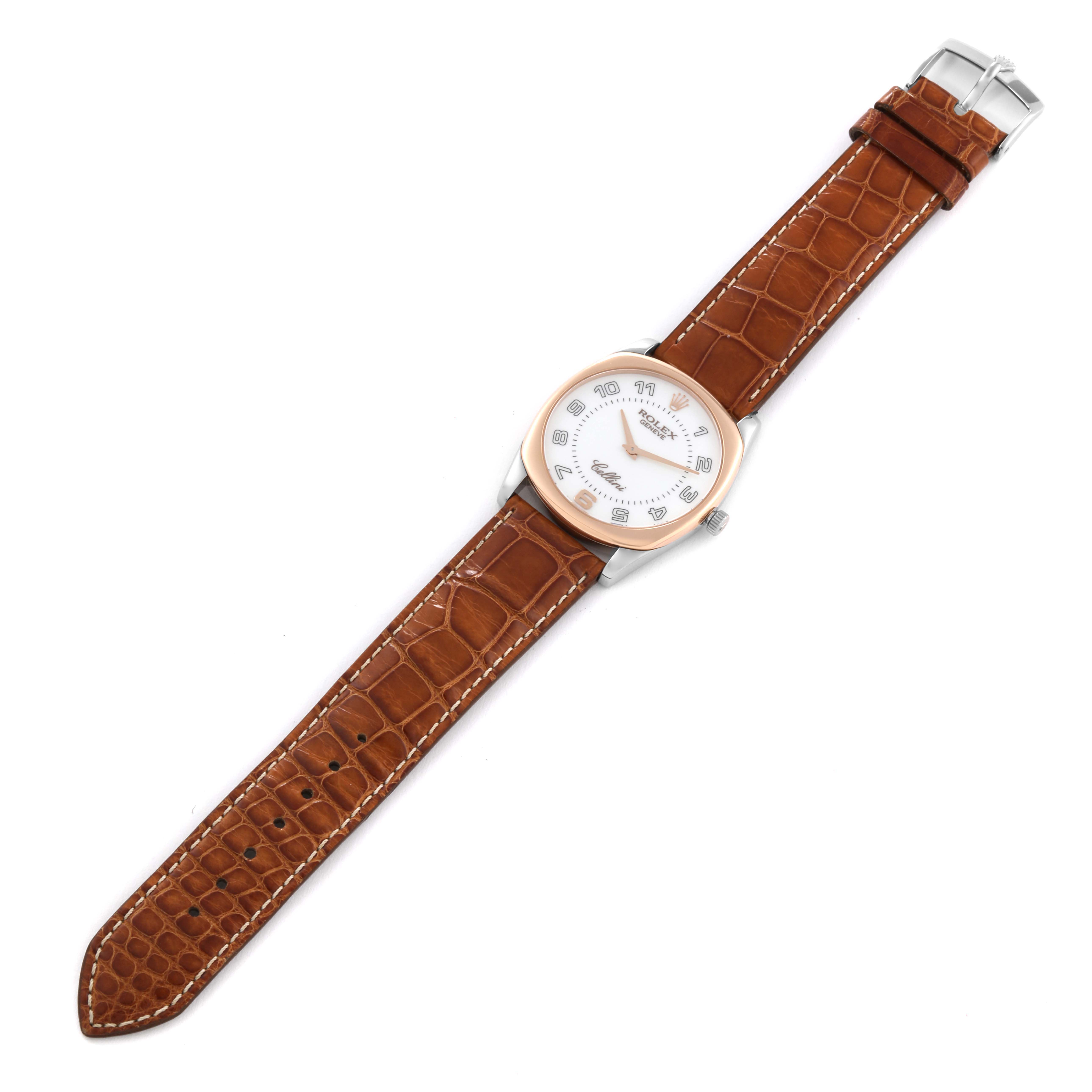 This Rolex Cellini 4233 Men's White Gold White Dial 4233 Men's White Gold White Dial watch is displayed from a top-down angle showing the full face and brown leather strap.