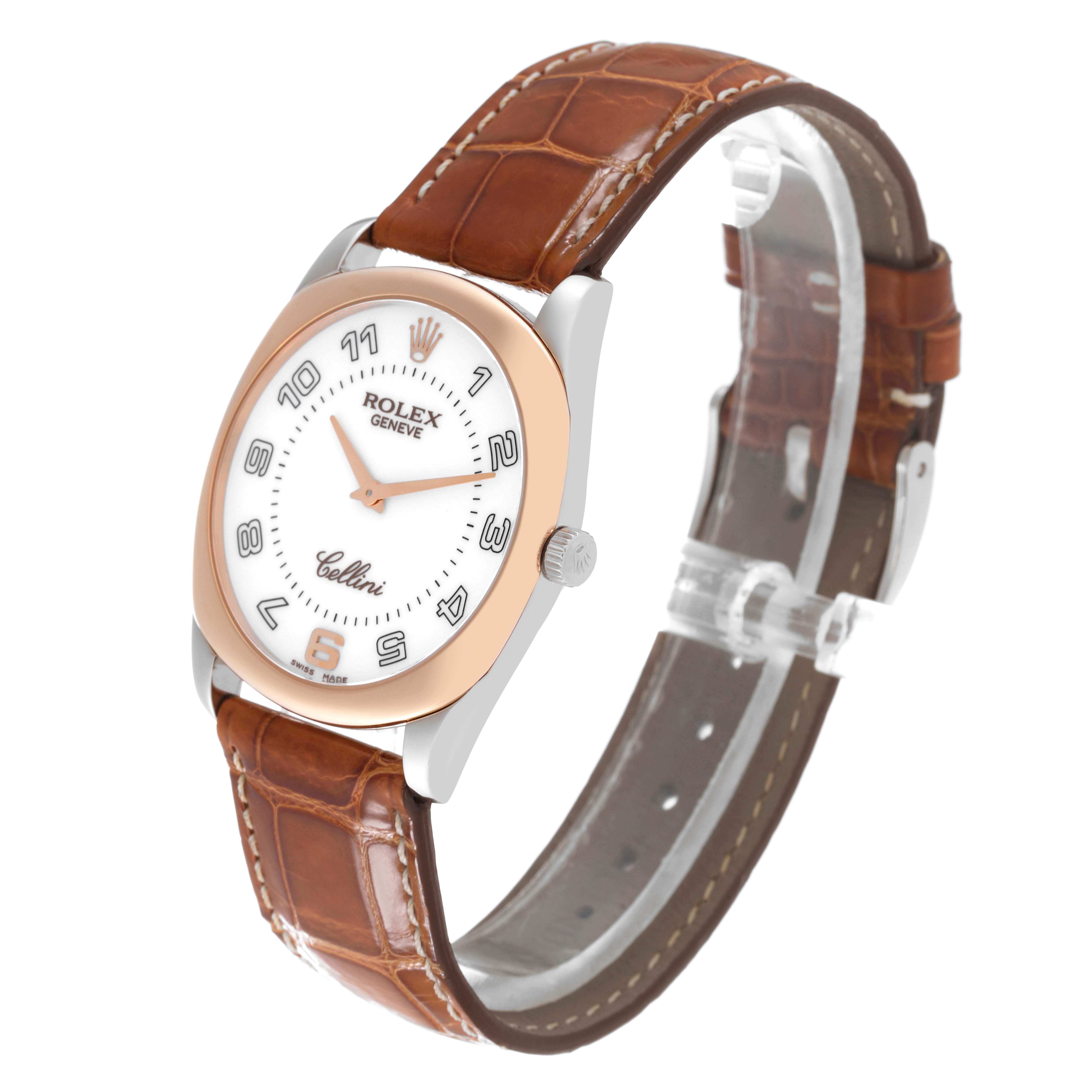 This image shows a Rolex Cellini 4233 Men's White Gold White Dial 4233 Men's White Gold White Dial watch at a three-quarter angle, displaying the dial, bezel, crown, and brown leather strap.