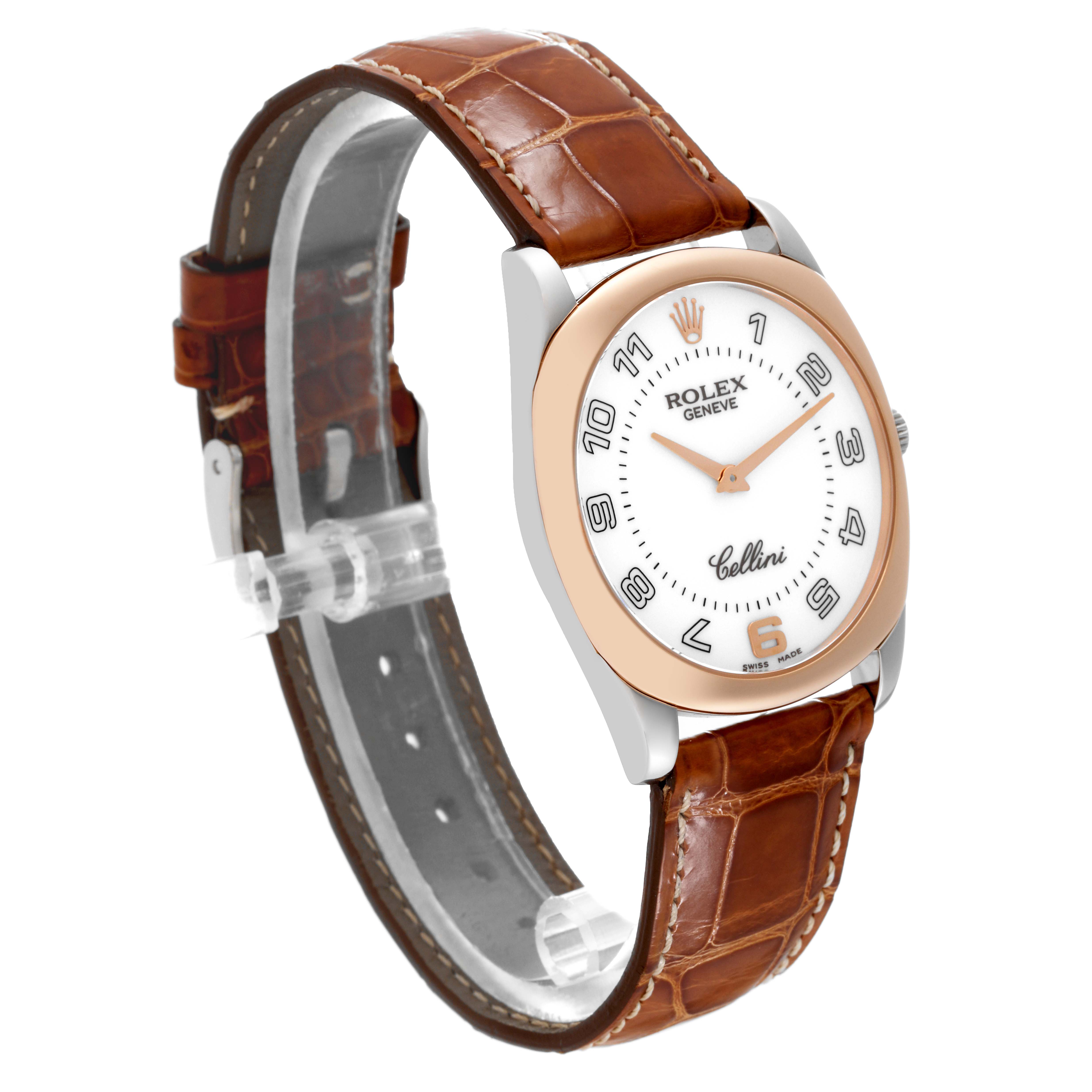 The Rolex Cellini 4233 Men's White Gold White Dial 4233 Men's White Gold White Dial watch is shown at an angle revealing the face, case, crown, and brown leather strap.