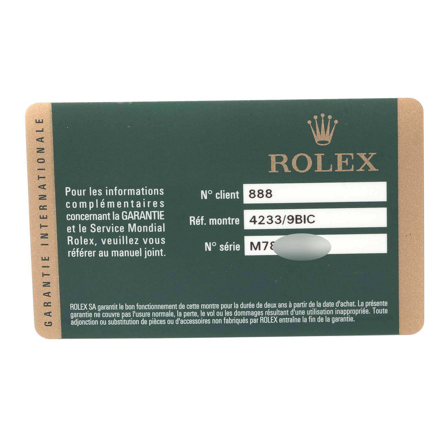 This image shows the warranty card for a Rolex Cellini 4233 Men's White Gold White Dial 4233 Men's White Gold White Dial model, viewed from a straight-on angle.