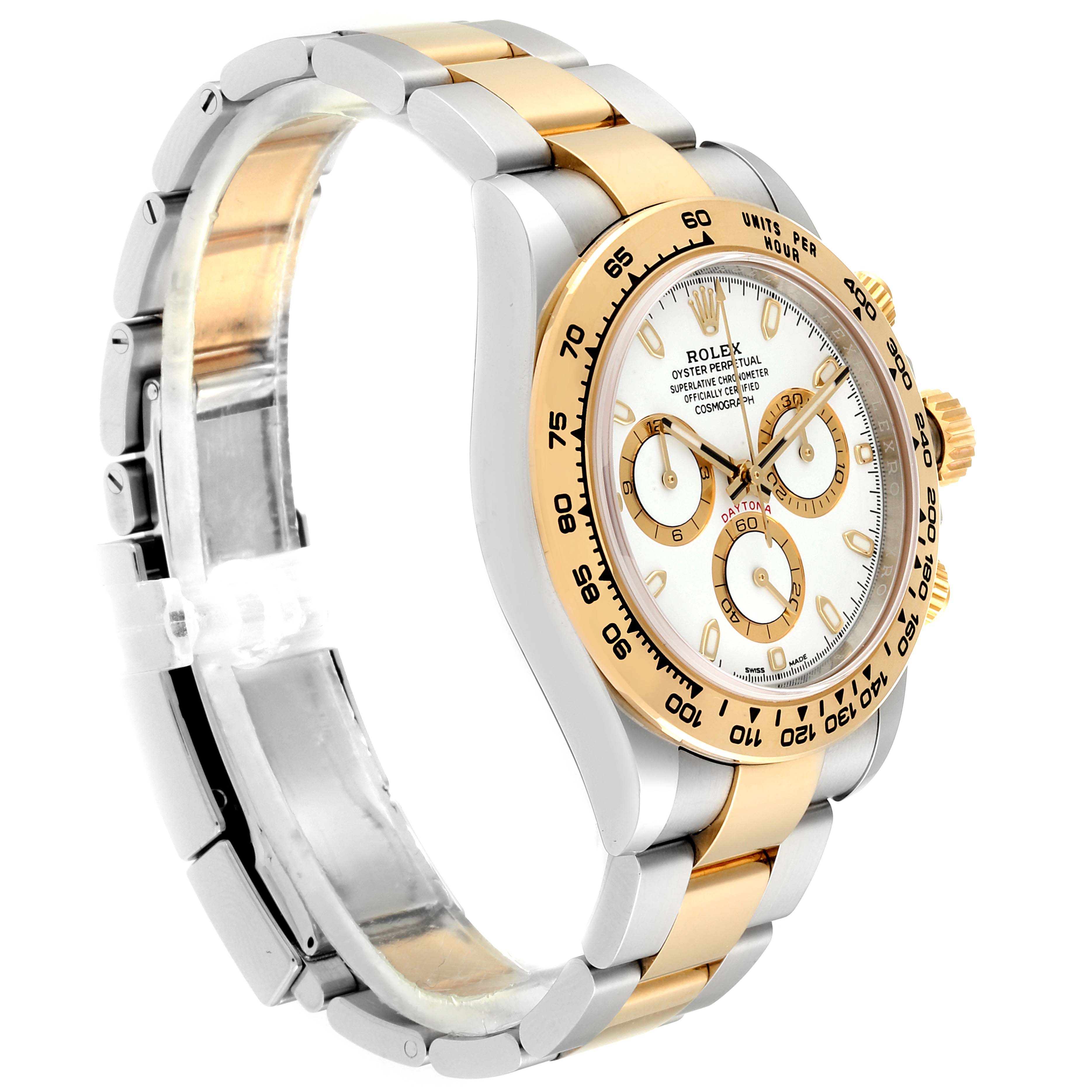 The Rolex Daytona 116503 Men's Steel and Gold (two tone) White Dial 116503 Men's Steel and Gold (two tone) White Dial watch is shown in a three-quarter view highlighting the face, two-tone bracelet, and crown.