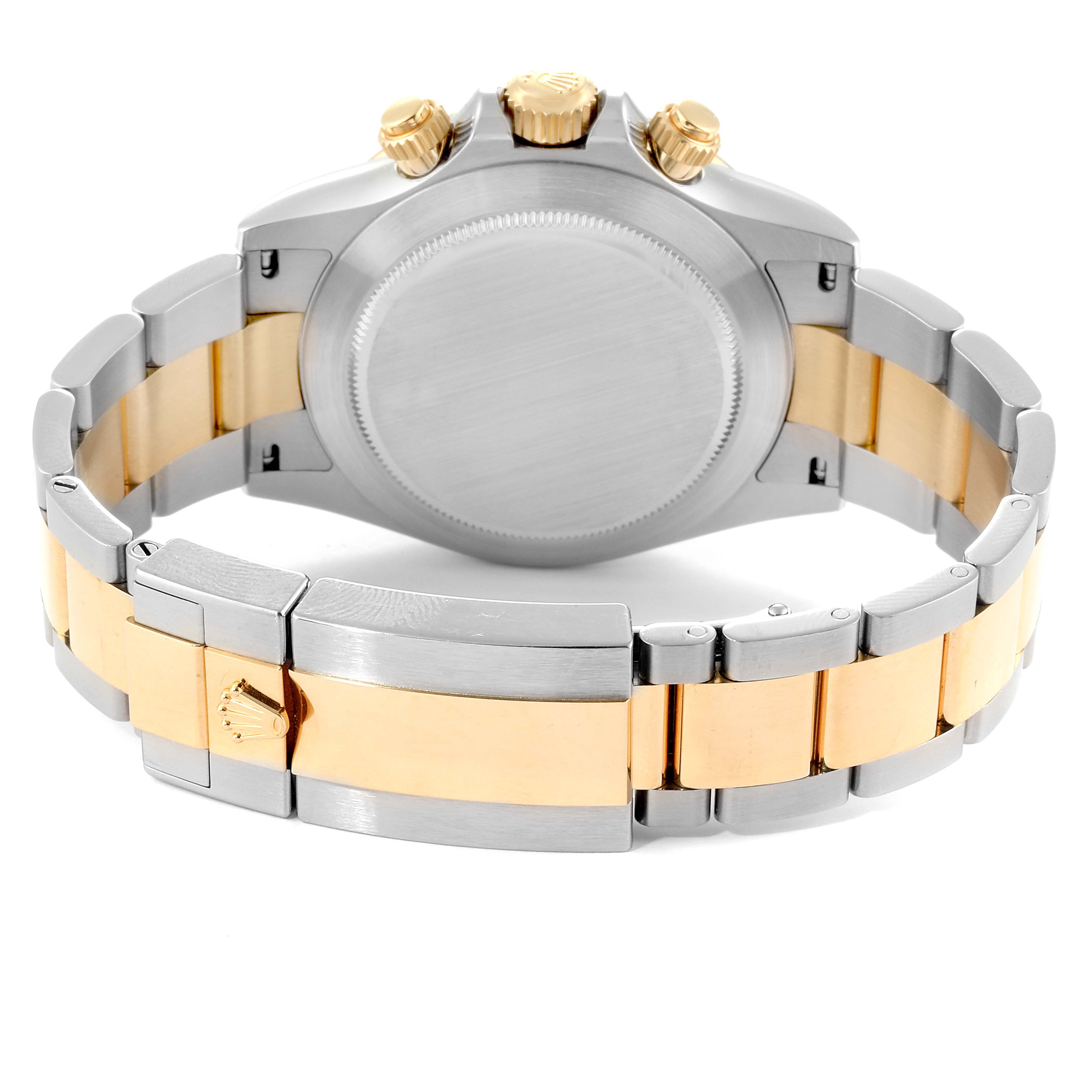 The image shows the back view of a Rolex Daytona 116503 Men's Steel and Gold (two tone) White Dial 116503 Men's Steel and Gold (two tone) White Dial watch, highlighting the case, bracelet, and clasp.