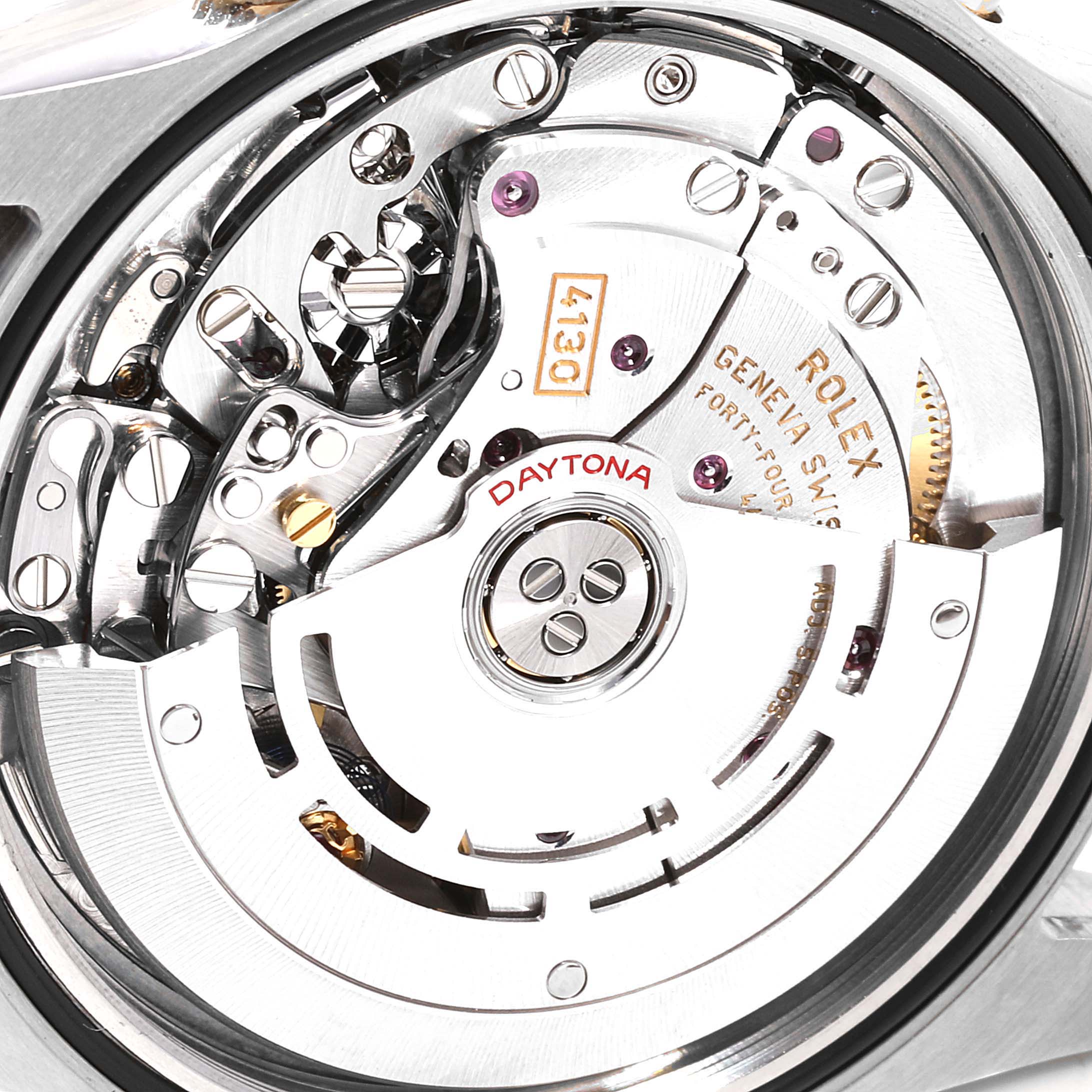 Close-up view of the movement and inner mechanism of a Rolex Daytona 116503 Men's Steel and Gold (two tone) White Dial 116503 Men's Steel and Gold (two tone) White Dial watch.