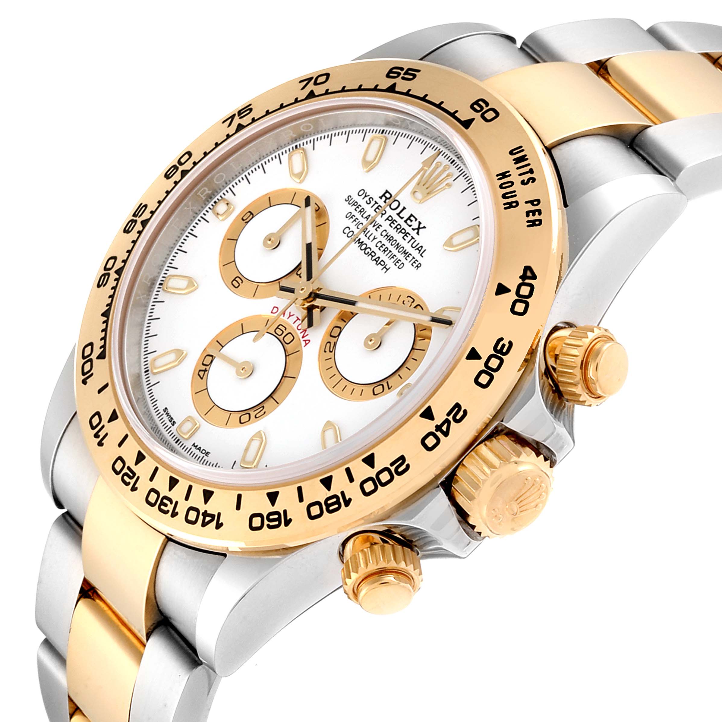 This image shows a Rolex Daytona 116503 Men's Steel and Gold (two tone) White Dial 116503 Men's Steel and Gold (two tone) White Dial watch from an angled view featuring the dial, bezel, and chronograph pushers.