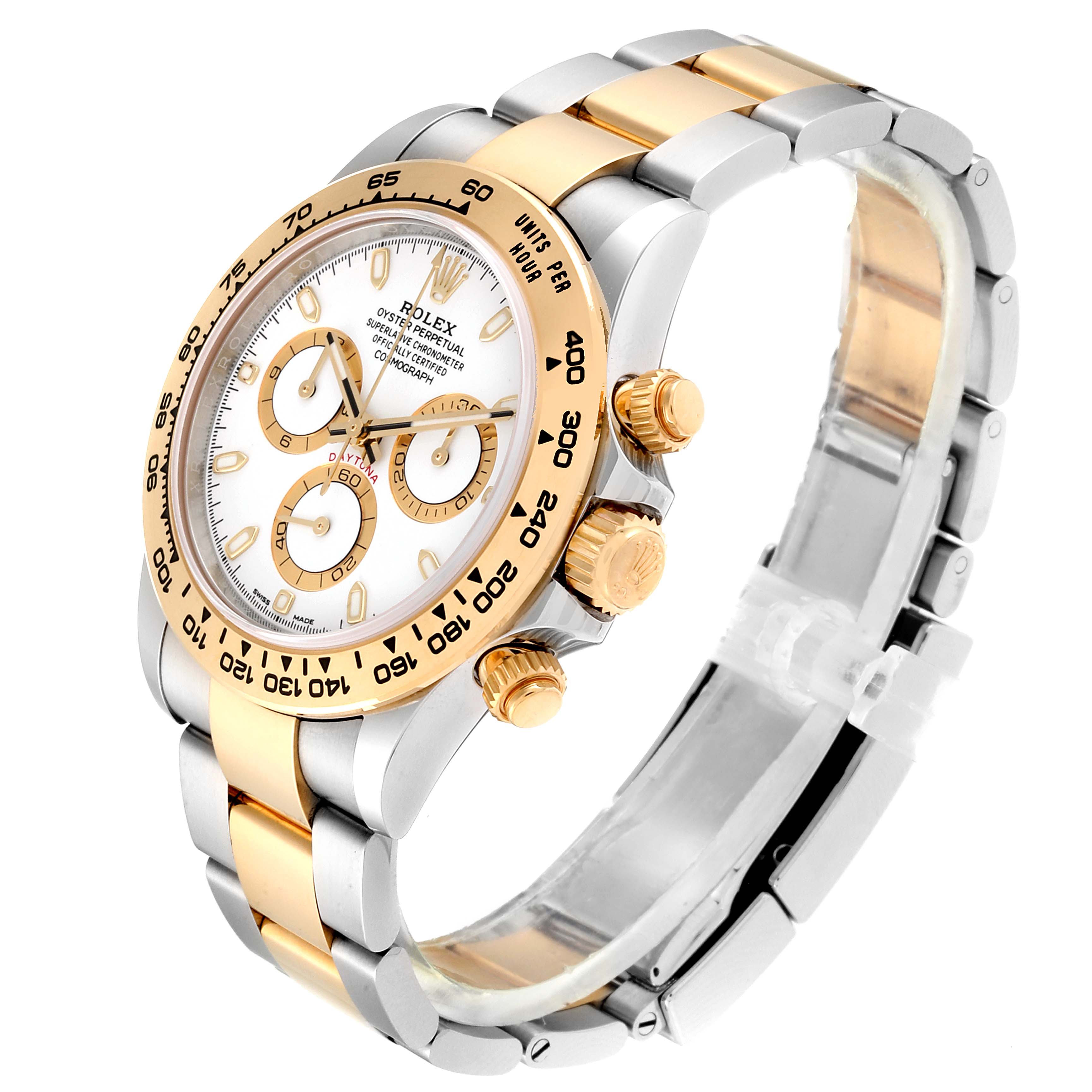 The image shows a Rolex Daytona 116503 Men's Steel and Gold (two tone) White Dial 116503 Men's Steel and Gold (two tone) White Dial watch in a three-quarter angle, highlighting the bezel, dial, and bracelet.