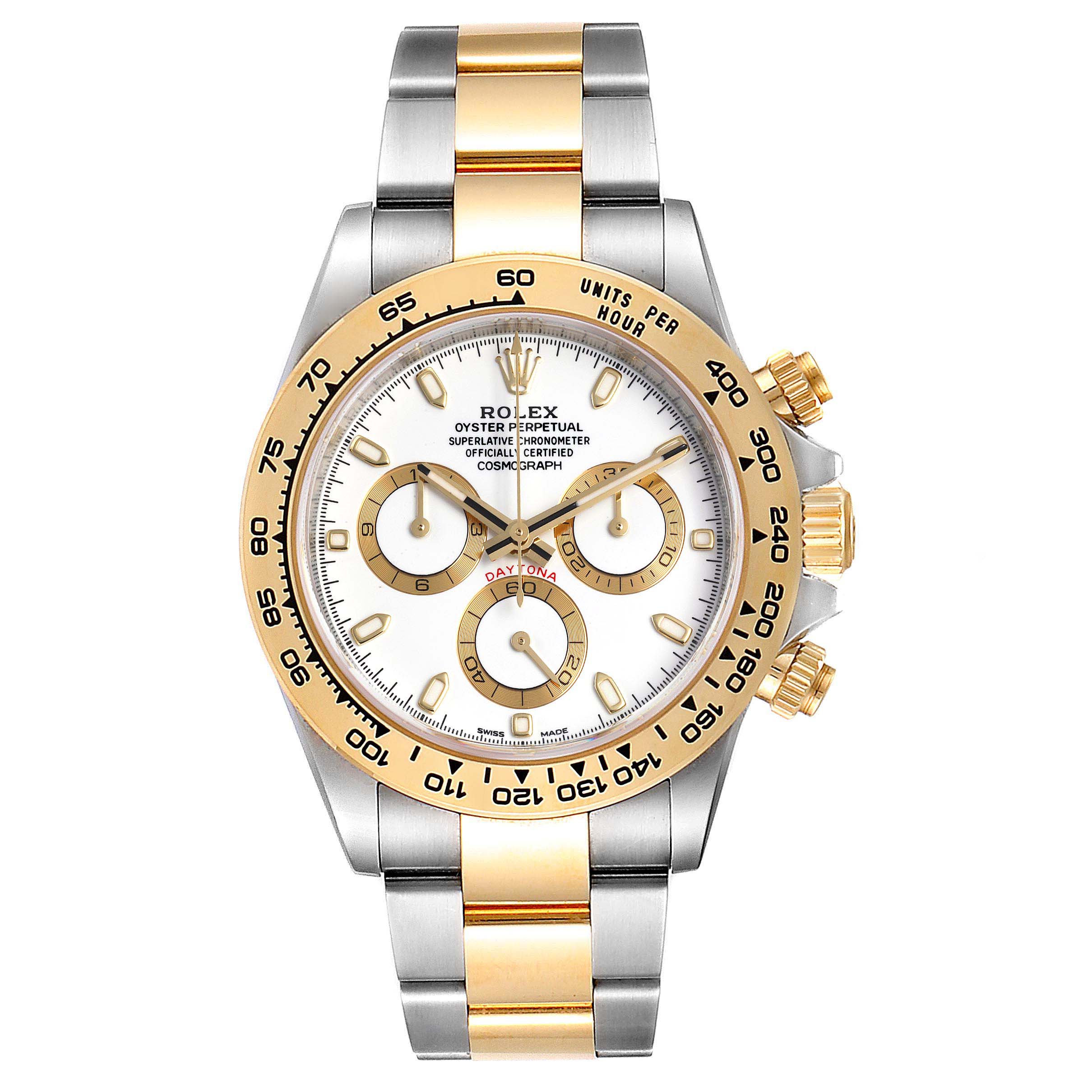 The image shows a front view of the Rolex Daytona 116503 Men's Steel and Gold (two tone) White Dial 116503 Men's Steel and Gold (two tone) White Dial watch, highlighting its face, bezel, and bracelet.
