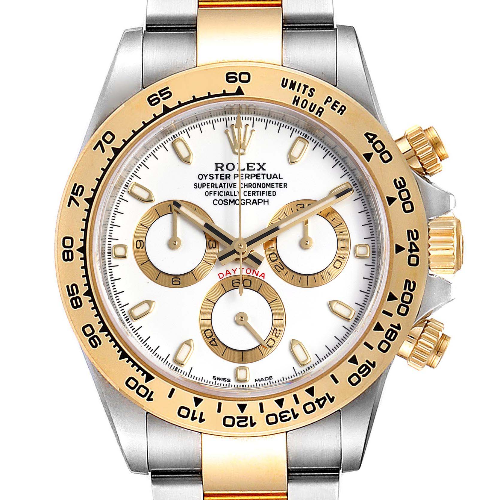 This image shows a front view of the Rolex Daytona 116503 Men's Steel and Gold (two tone) White Dial 116503 Men's Steel and Gold (two tone) White Dial watch, highlighting its dial, bezel, and chronograph sub-dials.