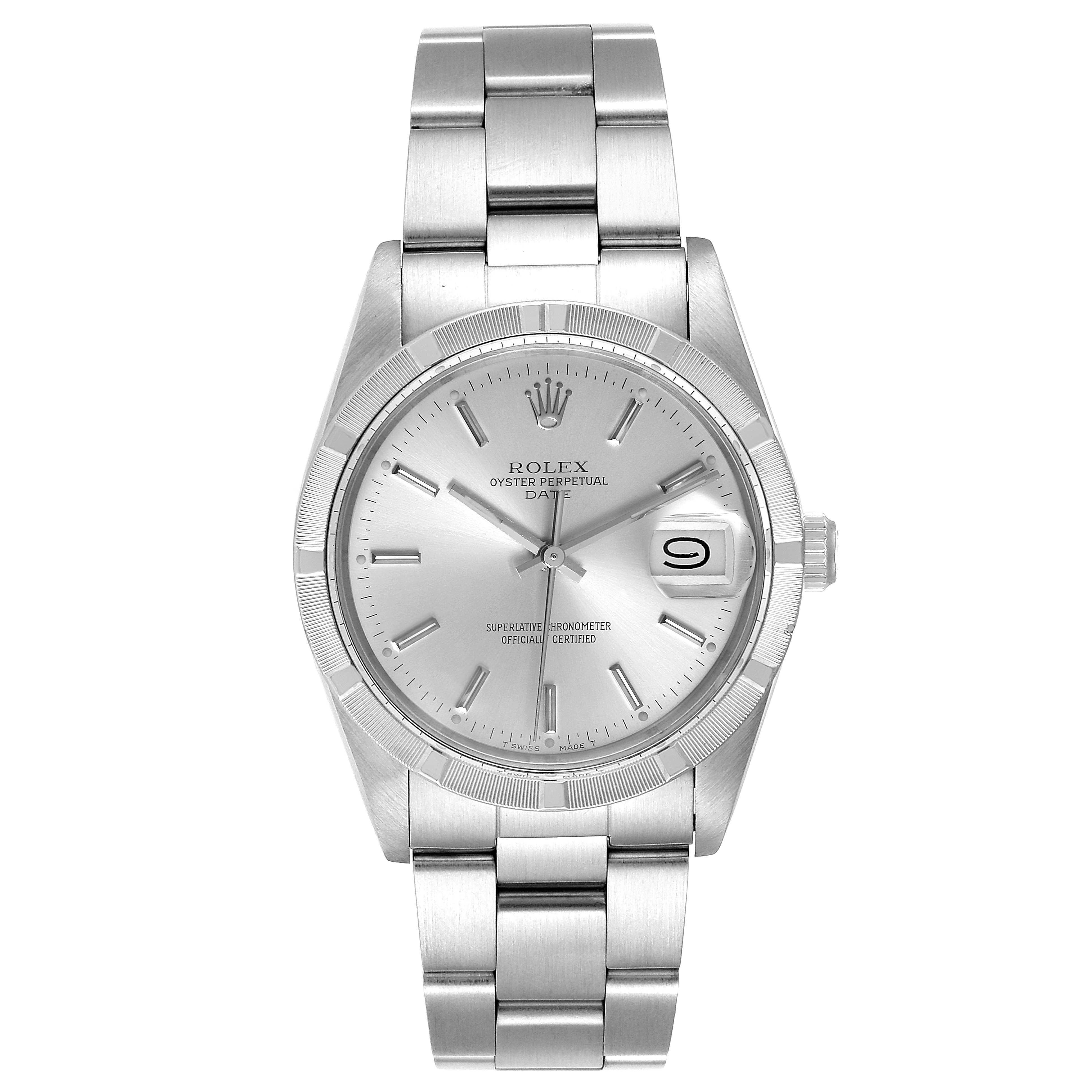 The image shows a Rolex Date 15010 Men's Stainless Steel Silver Dial 15010 Men's Stainless Steel Silver Dial model watch from a front angle, displaying the dial, bezel, case, and bracelet in full view.