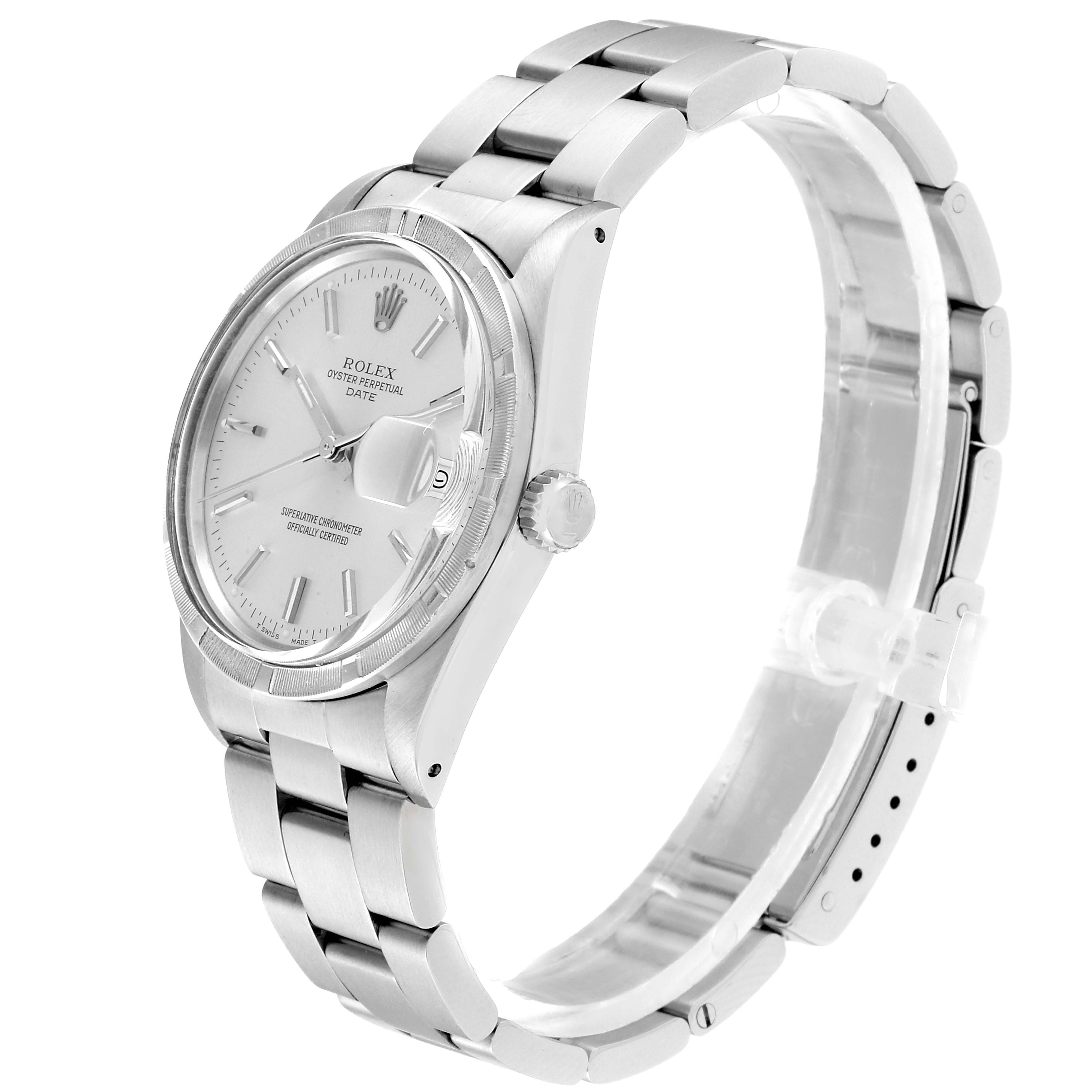 The image shows a side-angle view of a Rolex Date 15010 Men's Stainless Steel Silver Dial 15010 Men's Stainless Steel Silver Dial watch, highlighting its band, clasp, dial, and crown.