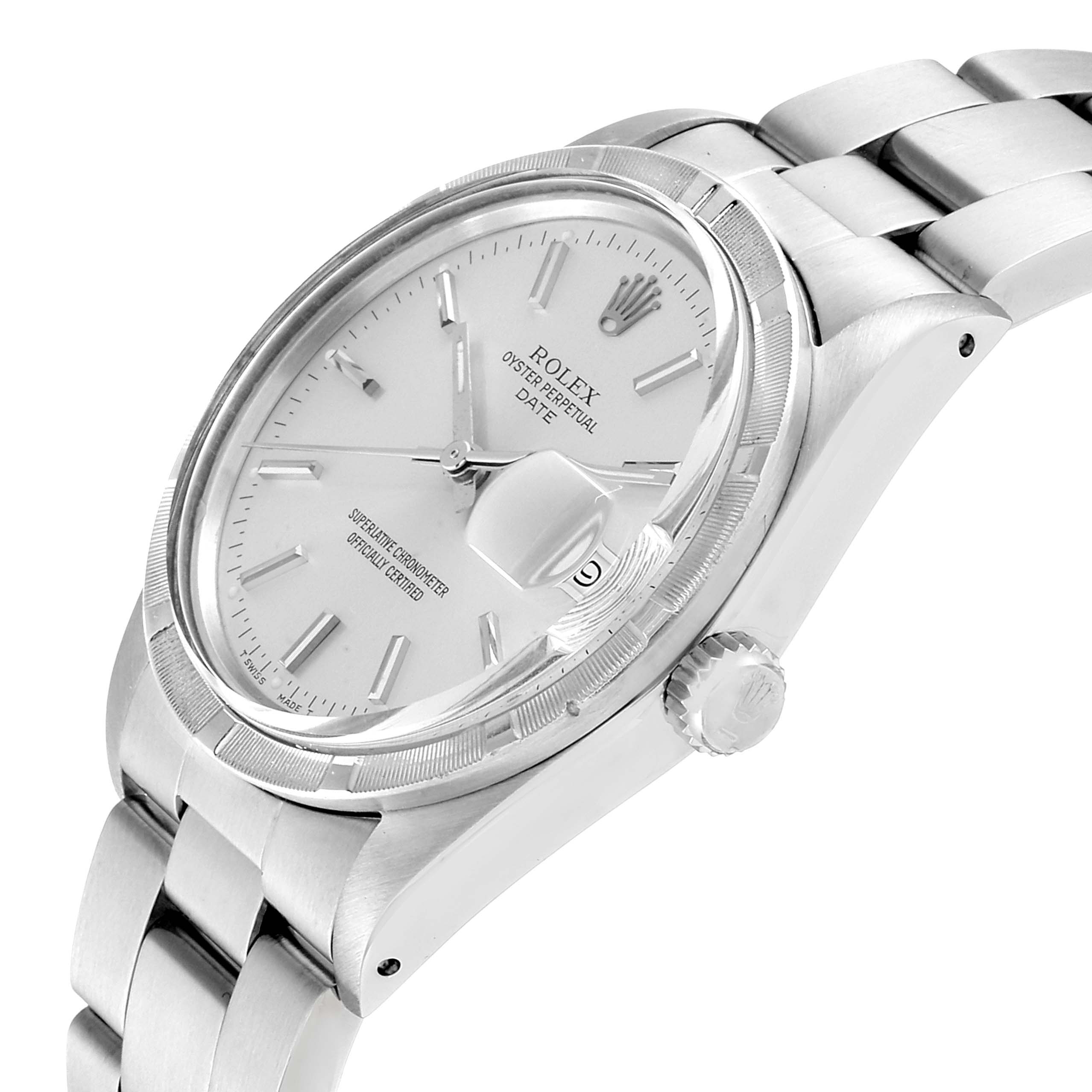 The image shows a close-up angled view of a Rolex Date 15010 Men's Stainless Steel Silver Dial 15010 Men's Stainless Steel Silver Dial model, highlighting the dial, crown, bezel, and bracelet.