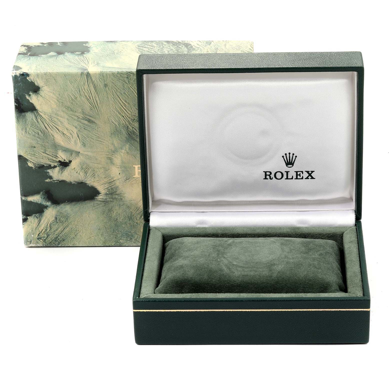 The image shows an open box of a Rolex Date 15010 Men's Stainless Steel Silver Dial 15010 Men's Stainless Steel Silver Dial model watch, displaying the inside cushion and branding.