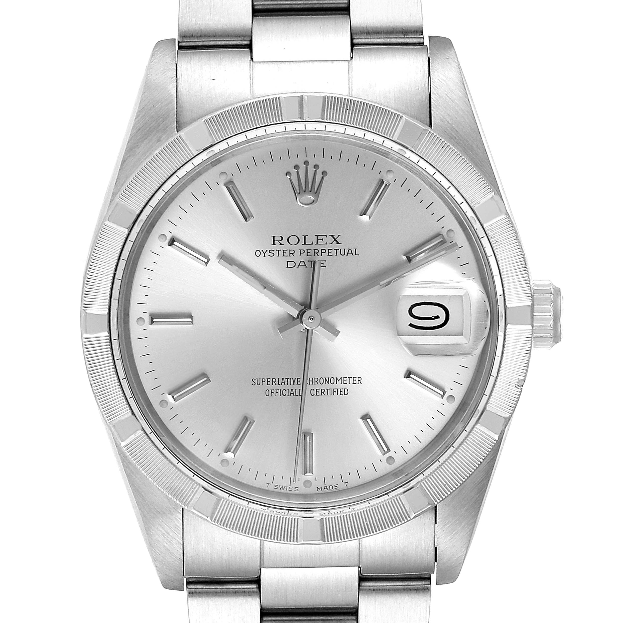 The image shows a front view of a Rolex Oyster Perpetual Date watch, highlighting its dial, bezel, and bracelet.
