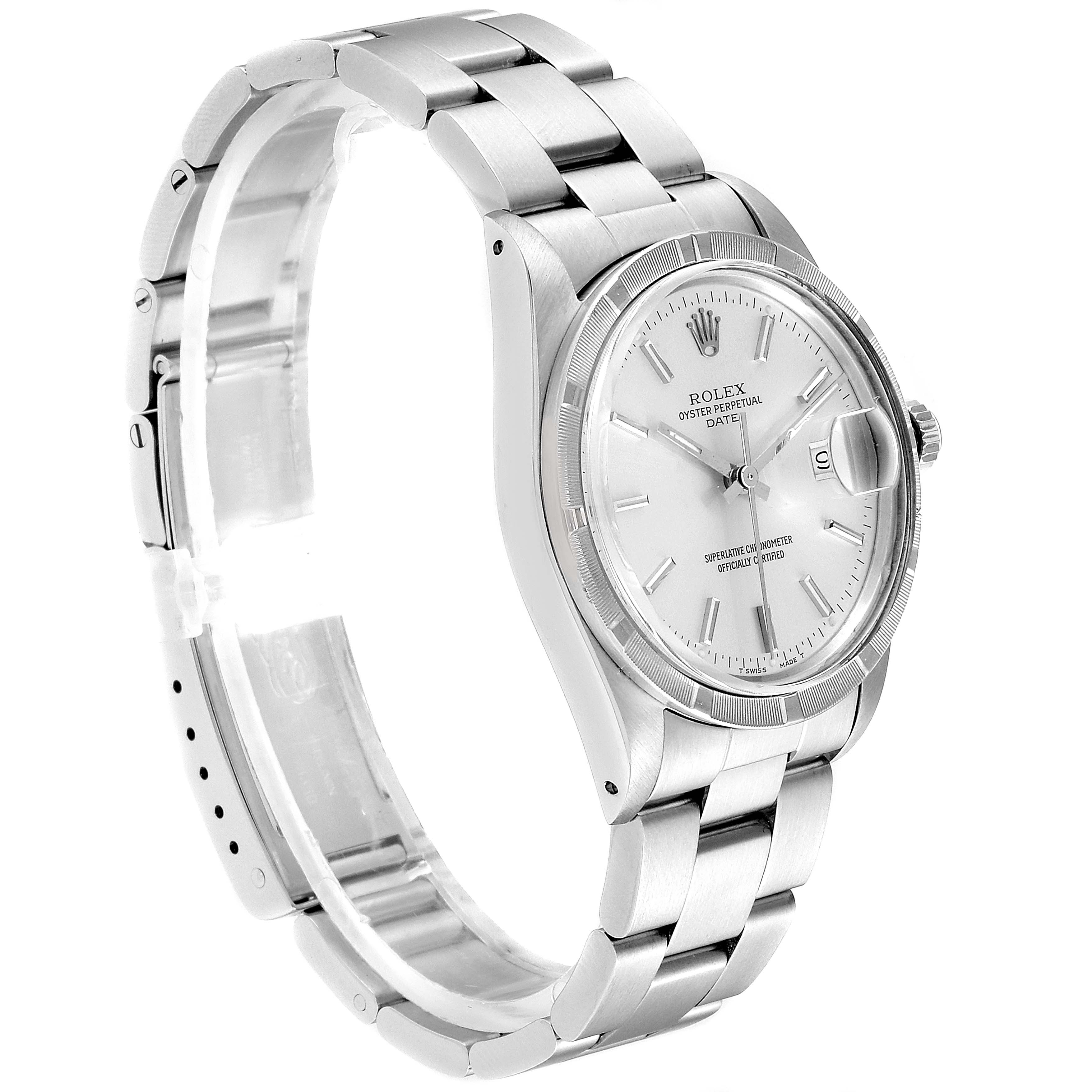 This image shows a side angle of the Rolex Date 15010 Men's Stainless Steel Silver Dial 15010 Men's Stainless Steel Silver Dial model, including the case, dial, and bracelet.