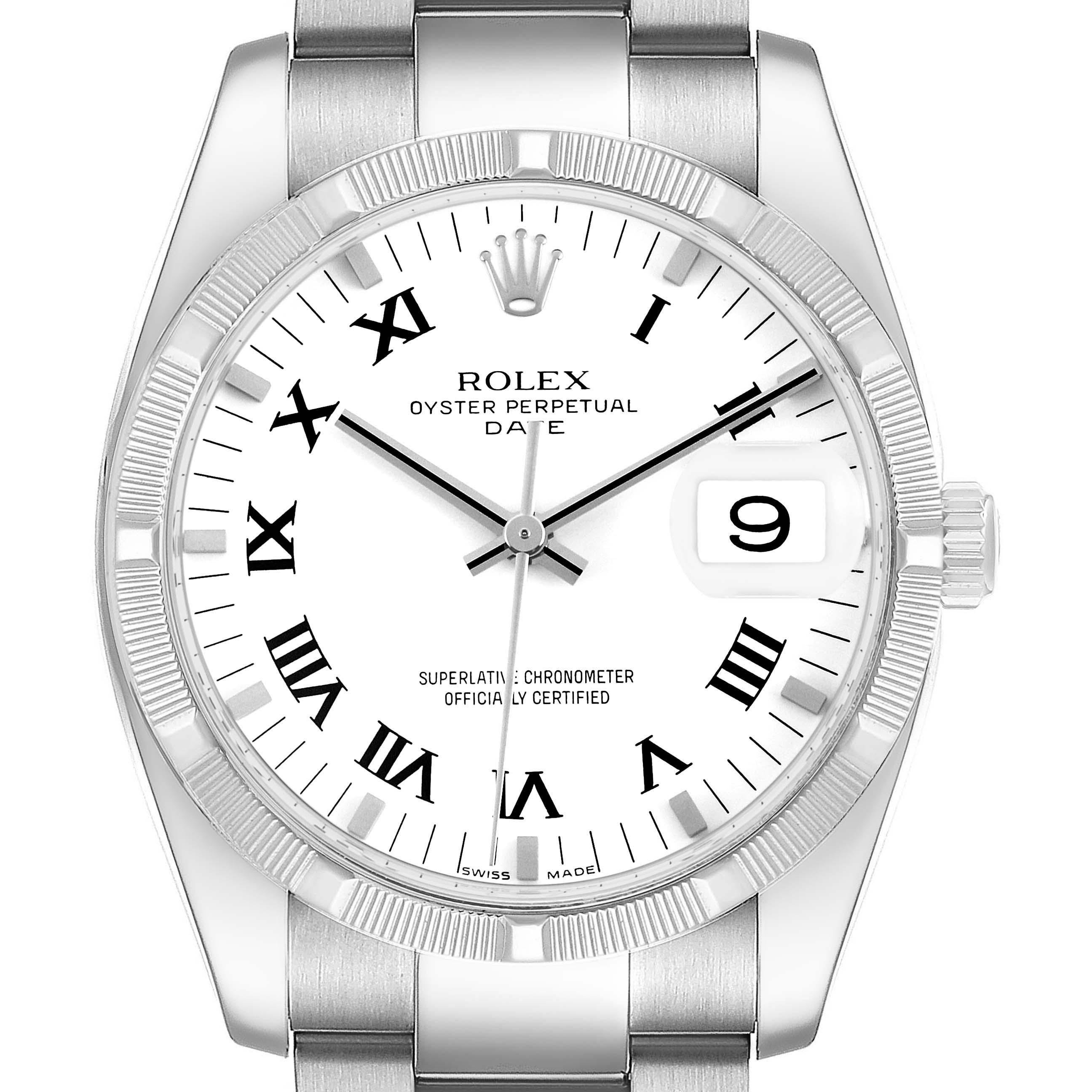 The Rolex Date 115210 Men's Stainless Steel White Dial model watch is shown from a front angle, displaying the dial, hands, cyclops lens, and part of the bracelet.