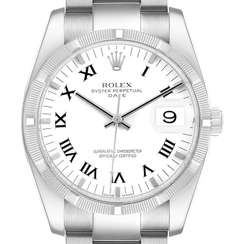 The image shows a front view of a Rolex Date 115210 Men's Stainless Steel White Dial model, highlighting the dial, hands, bezel, and bracelet.