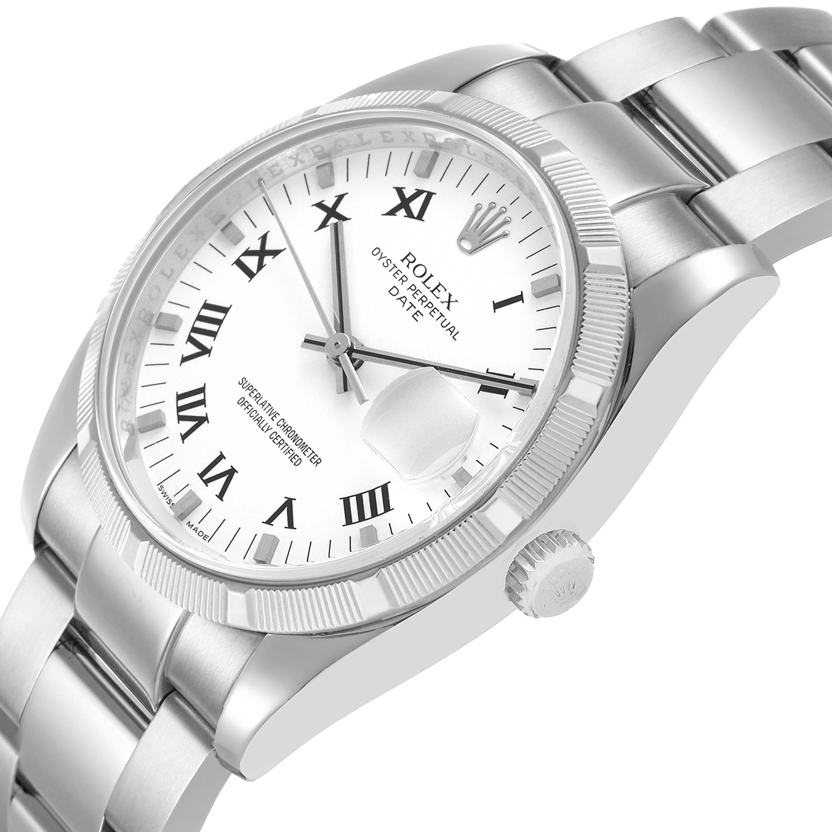 The image shows a Rolex Date 115210 Men's Stainless Steel White Dial watch at a slight angle, featuring the bezel, crown, dial, and part of the bracelet.