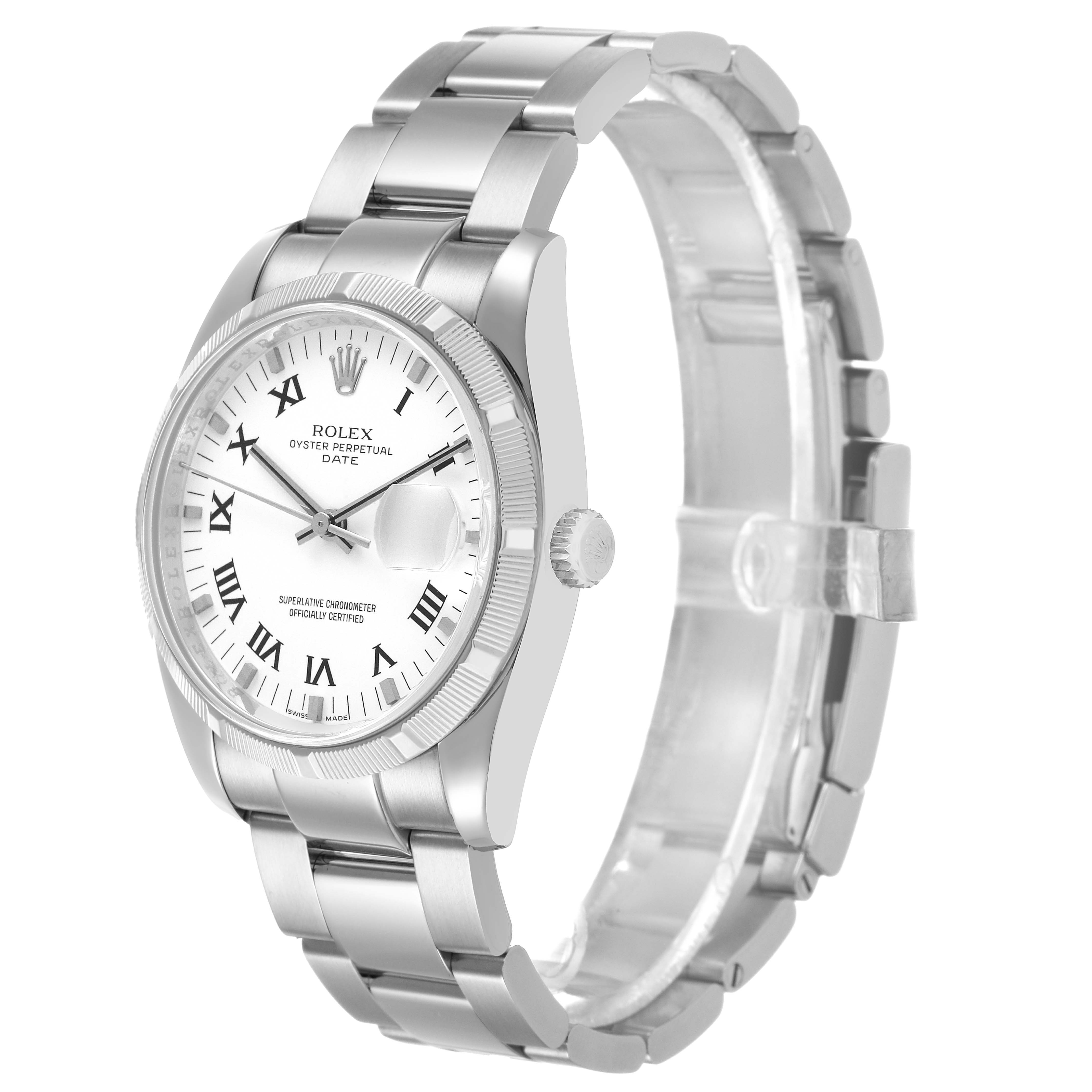 The Rolex Date 115210 Men's Stainless Steel White Dial watch is shown from an angled side view, displaying the dial, bezel, crown, and part of the bracelet.