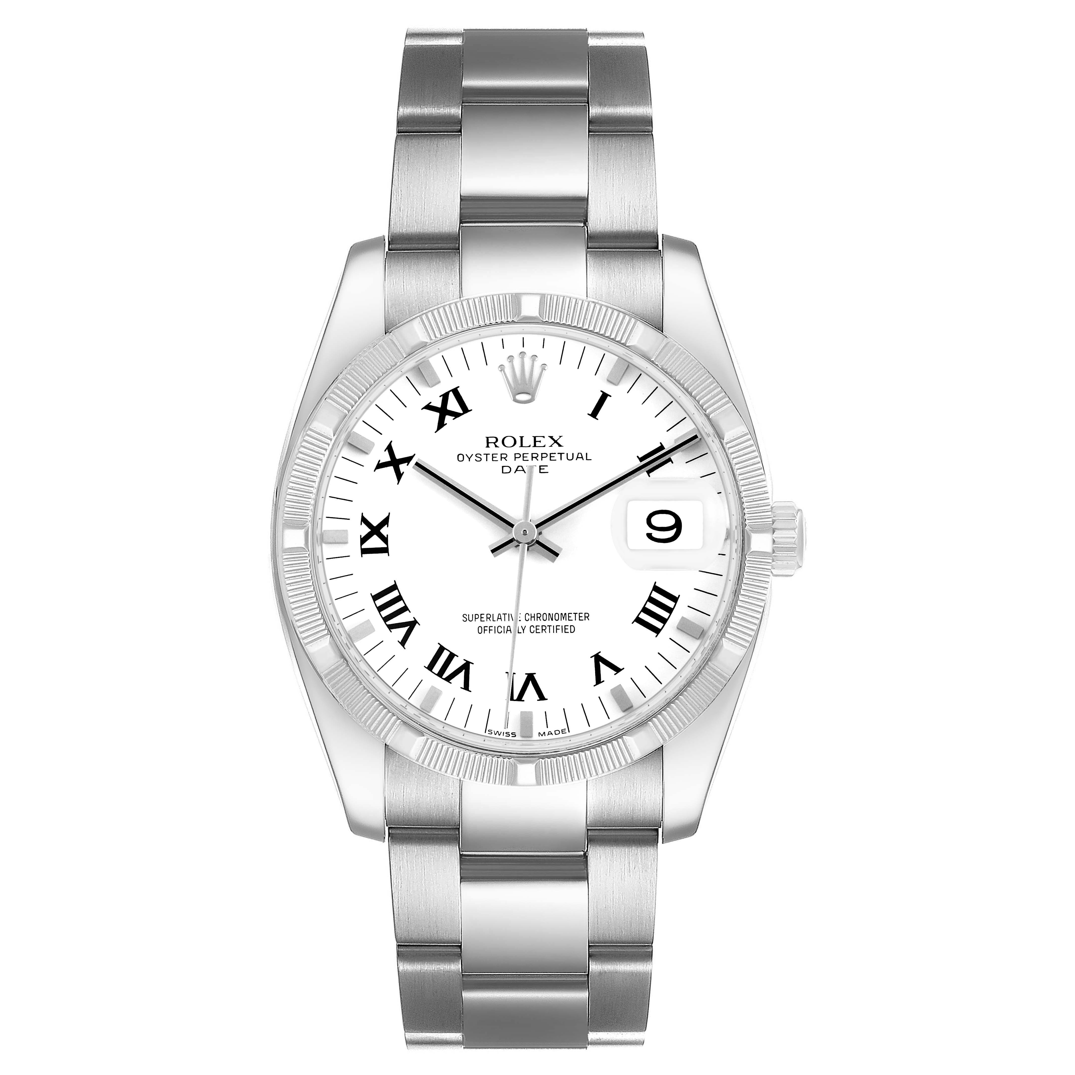 The image shows a front view of a Rolex Date 115210 Men's Stainless Steel White Dial model with a white dial, Roman numerals, and a stainless steel bracelet.
