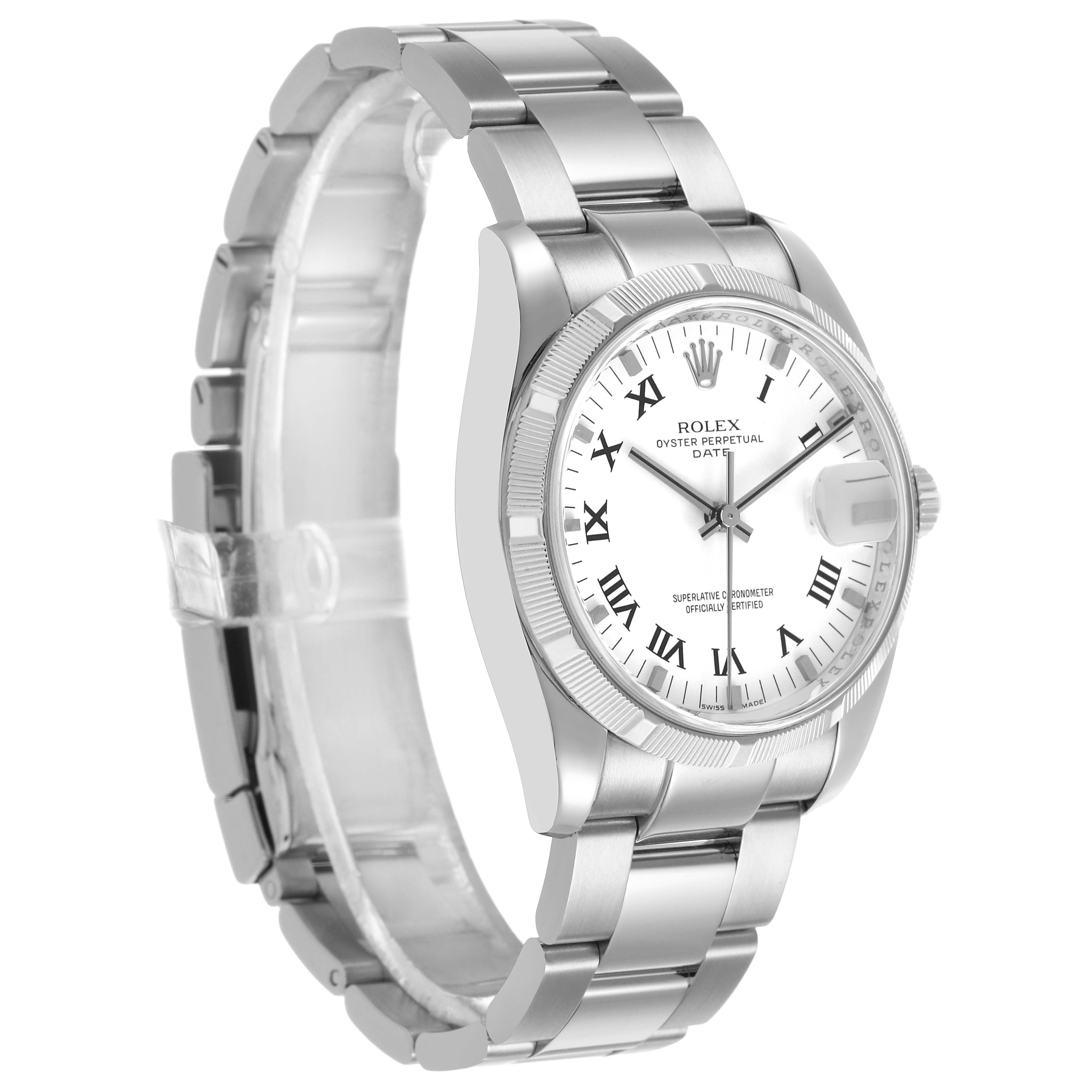 The Rolex Date 115210 Men's Stainless Steel White Dial model is displayed at a slight angle, showcasing the face, bezel, and part of the stainless steel bracelet.