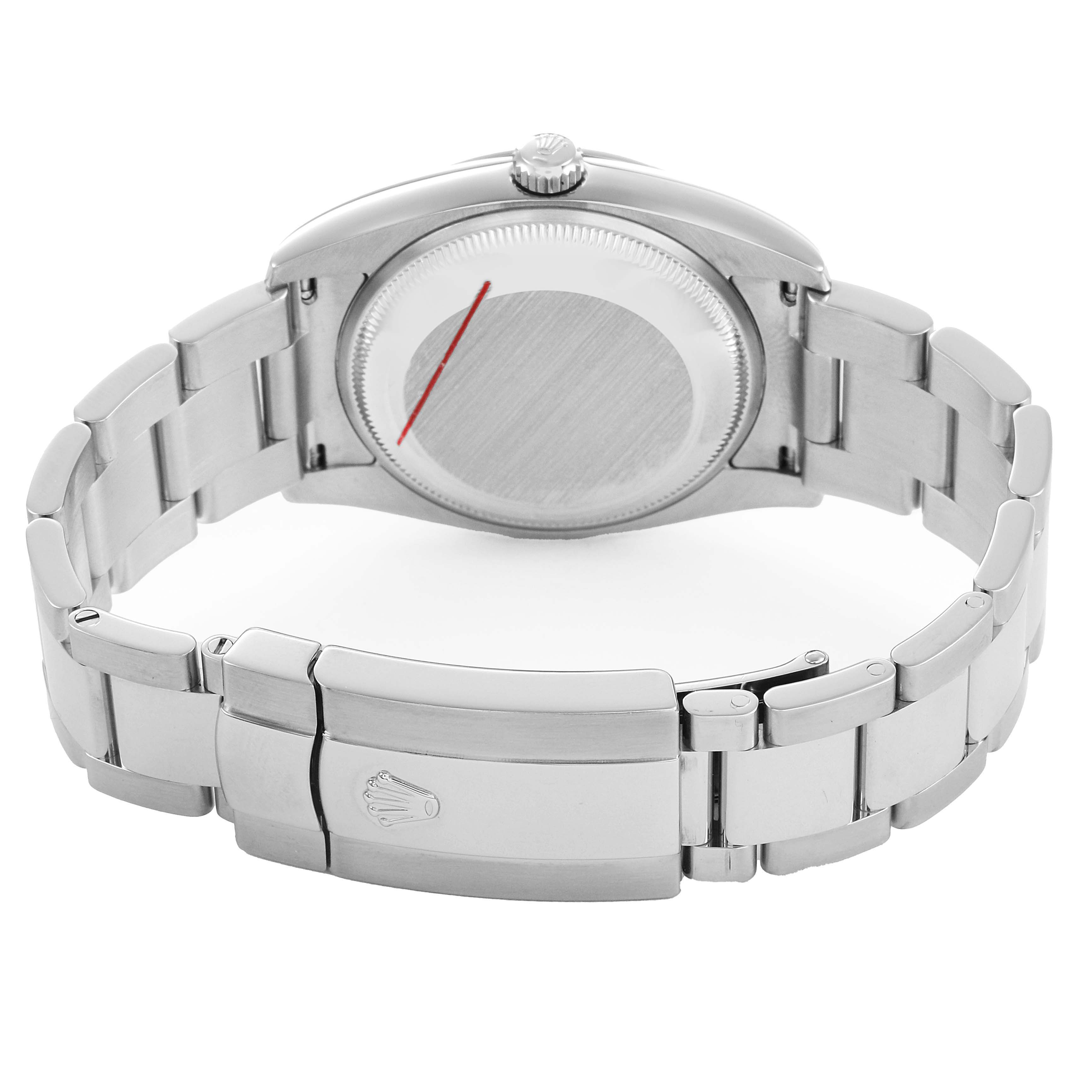 The image shows the backside of a Rolex Date 115210 Men's Stainless Steel White Dial watch, highlighting the clasp, bracelet, and case back.