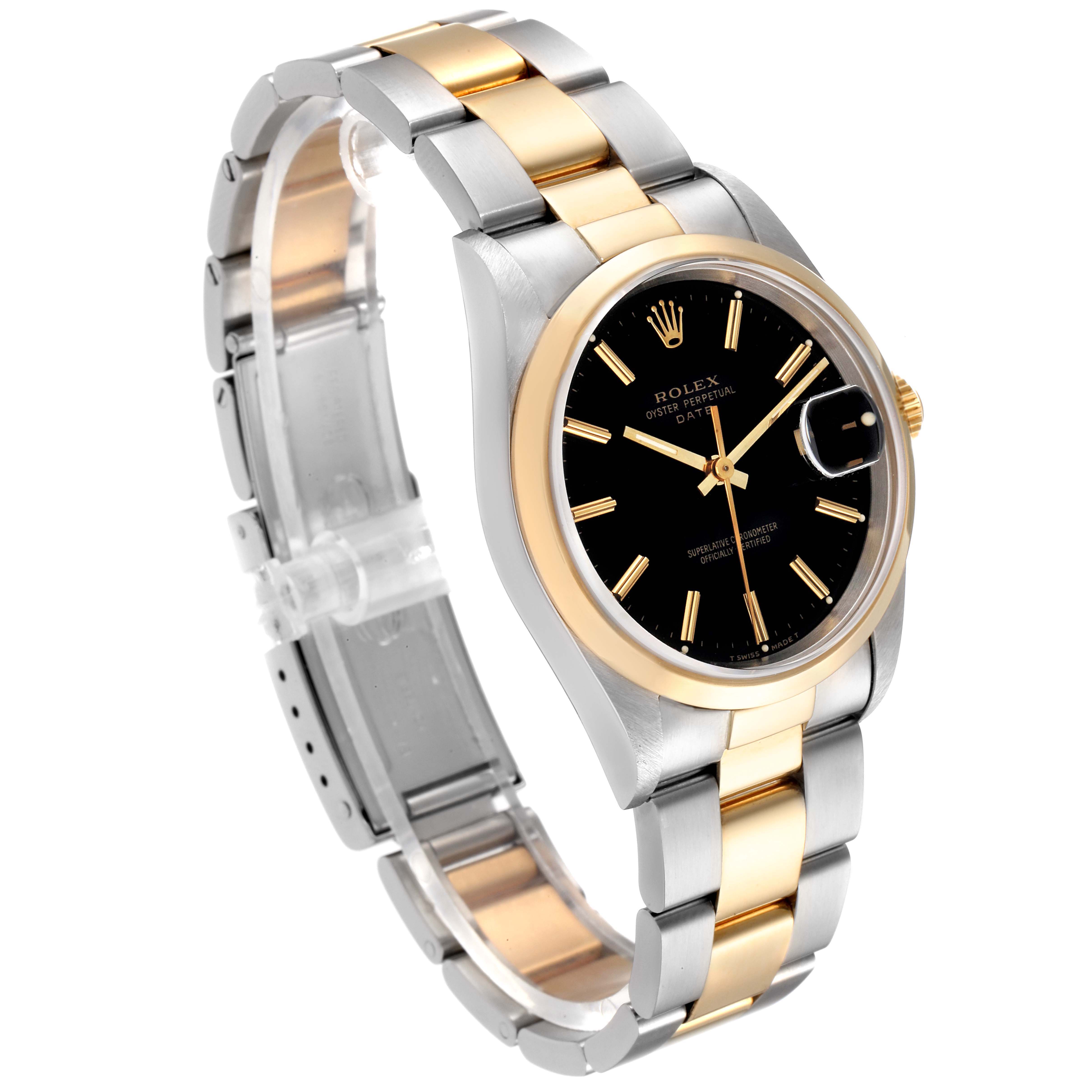 The image shows an angled view of a Rolex Date 15203 Men's Steel and Gold (two tone) Black Dial 15203 Men's Steel and Gold (two tone) Black Dial model watch, highlighting its two-tone bracelet and black dial.