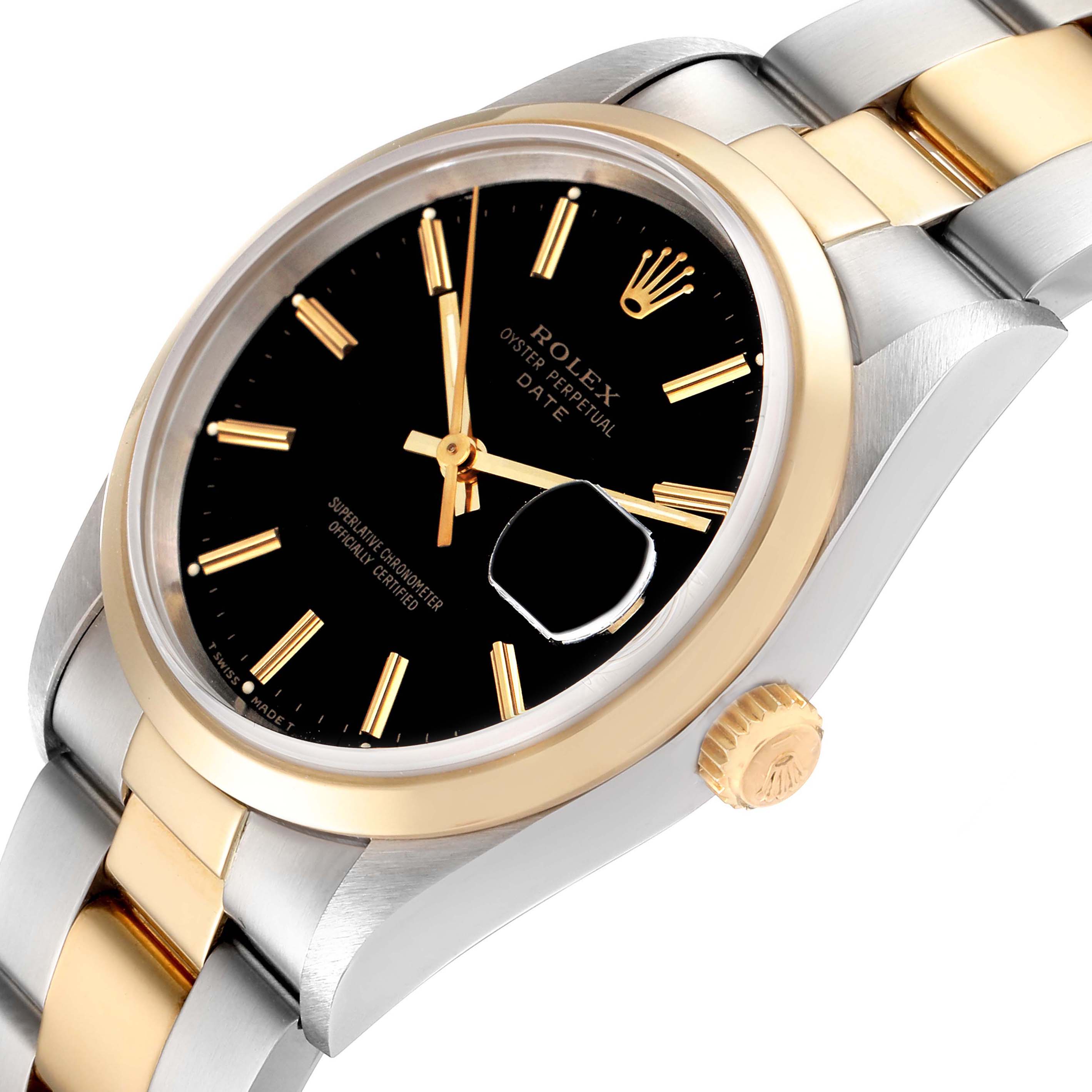 This image shows a Rolex Date 15203 Men's Steel and Gold (two tone) Black Dial 15203 Men's Steel and Gold (two tone) Black Dial model from an angled side-view highlighting the dial, bezel, bracelet, and crown.