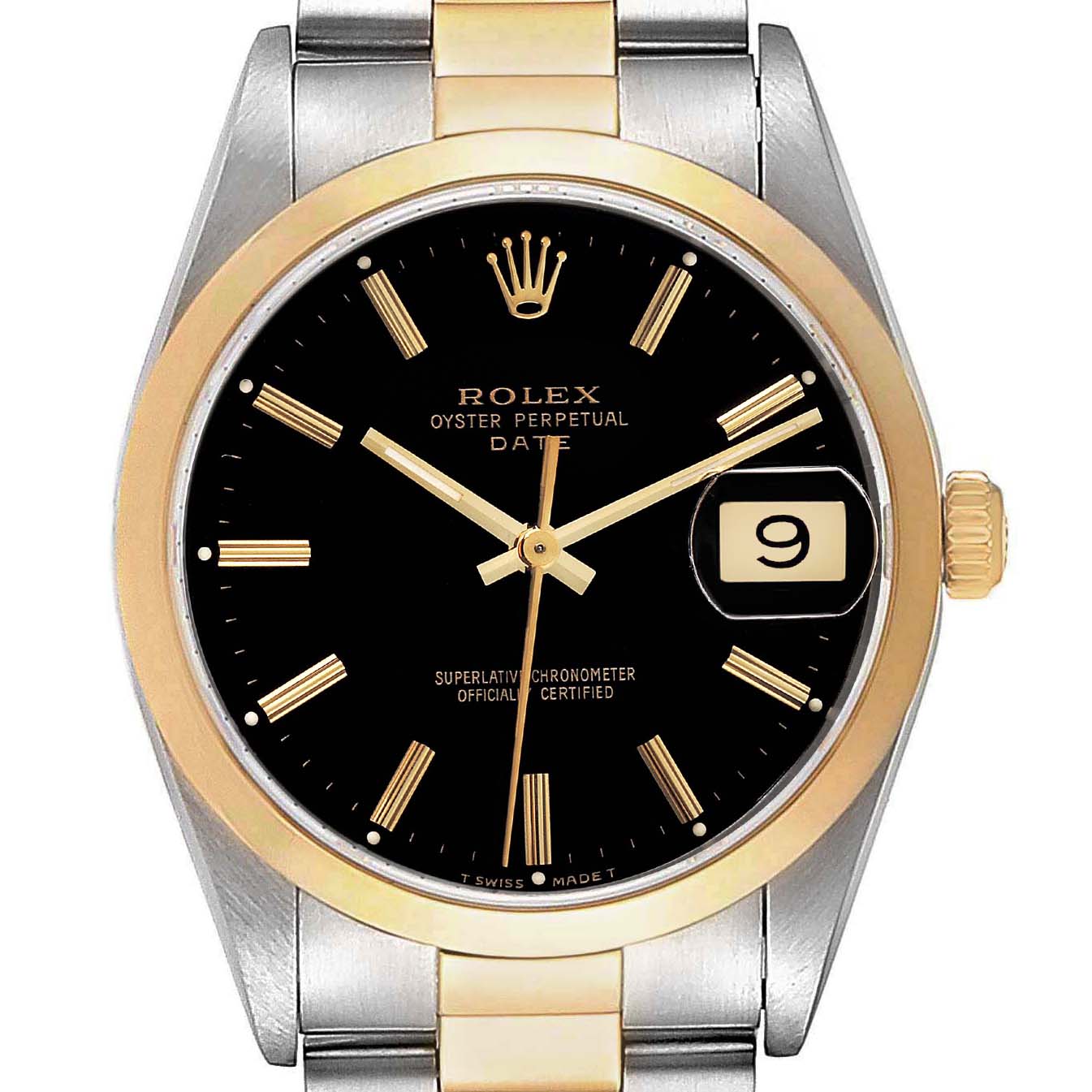 This image shows a frontal view of a Rolex Date 15203 Men's Steel and Gold (two tone) Black Dial 15203 Men's Steel and Gold (two tone) Black Dial model watch, highlighting the black dial, gold hands, and date window.