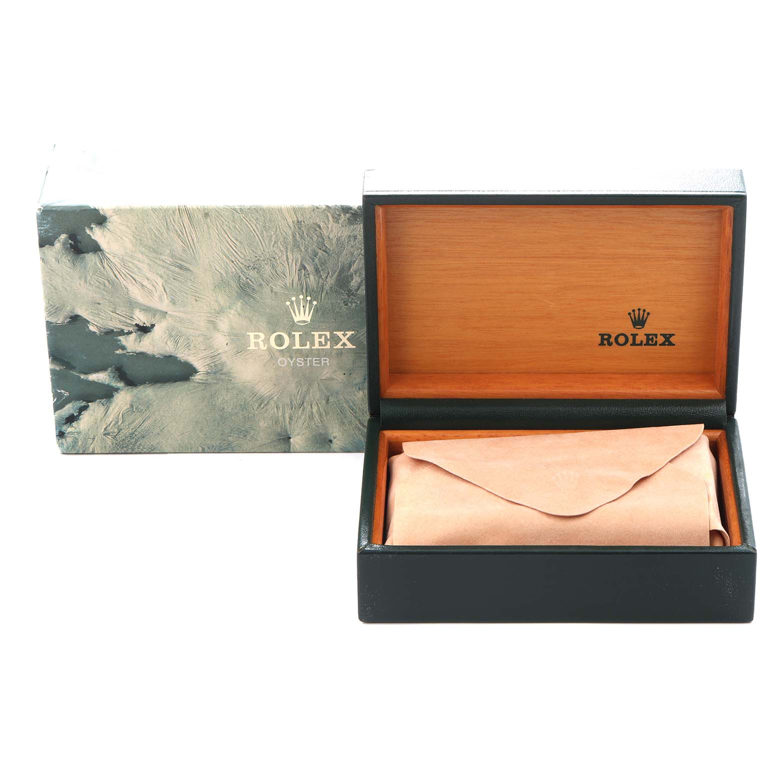 The Rolex Date model 15200 men's watch box is shown open, revealing a wrapped item inside, alongside its decorative outer packaging.