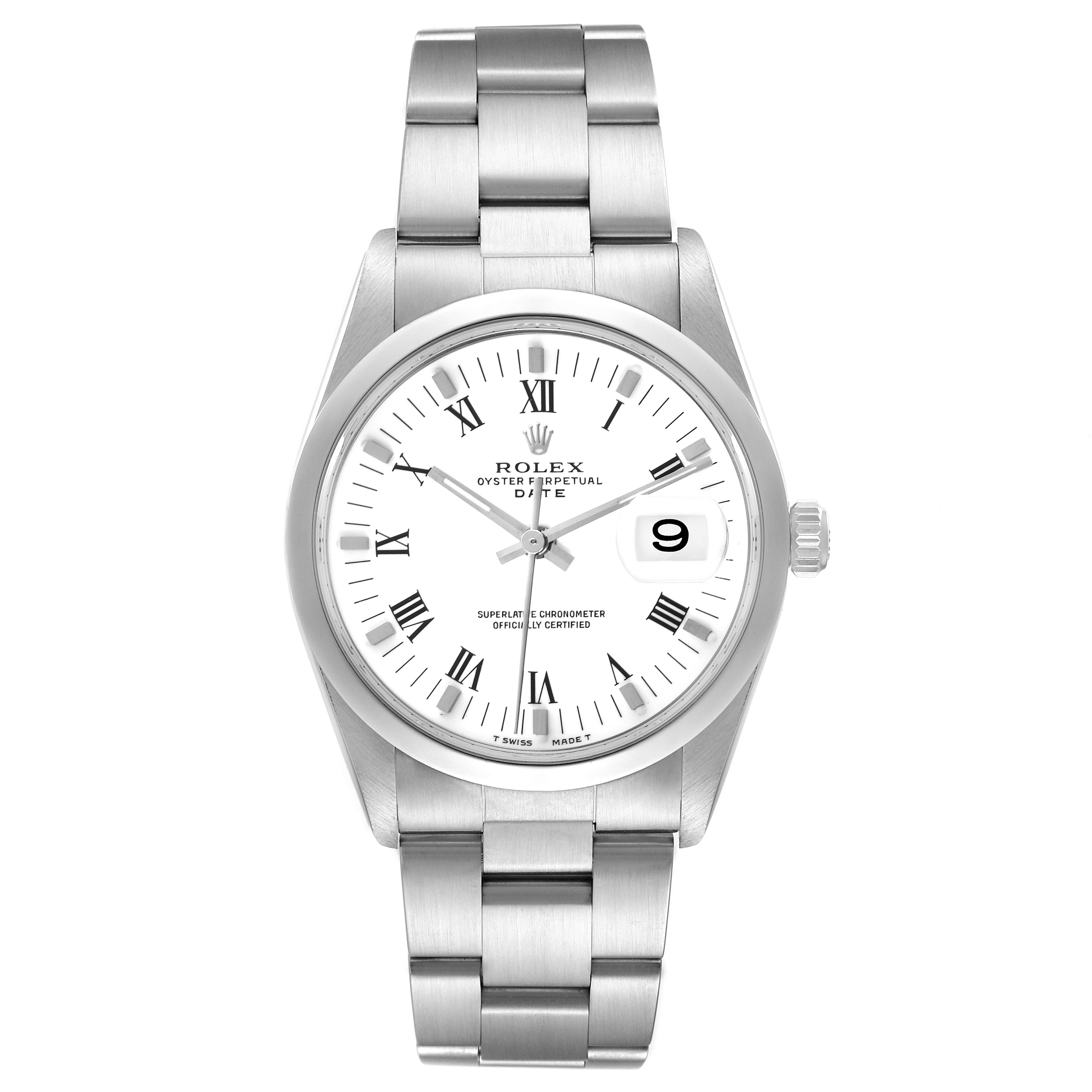 The Rolex Date model 15200 men's watch is shown from a front angle, highlighting its dial, bracelet, and case.