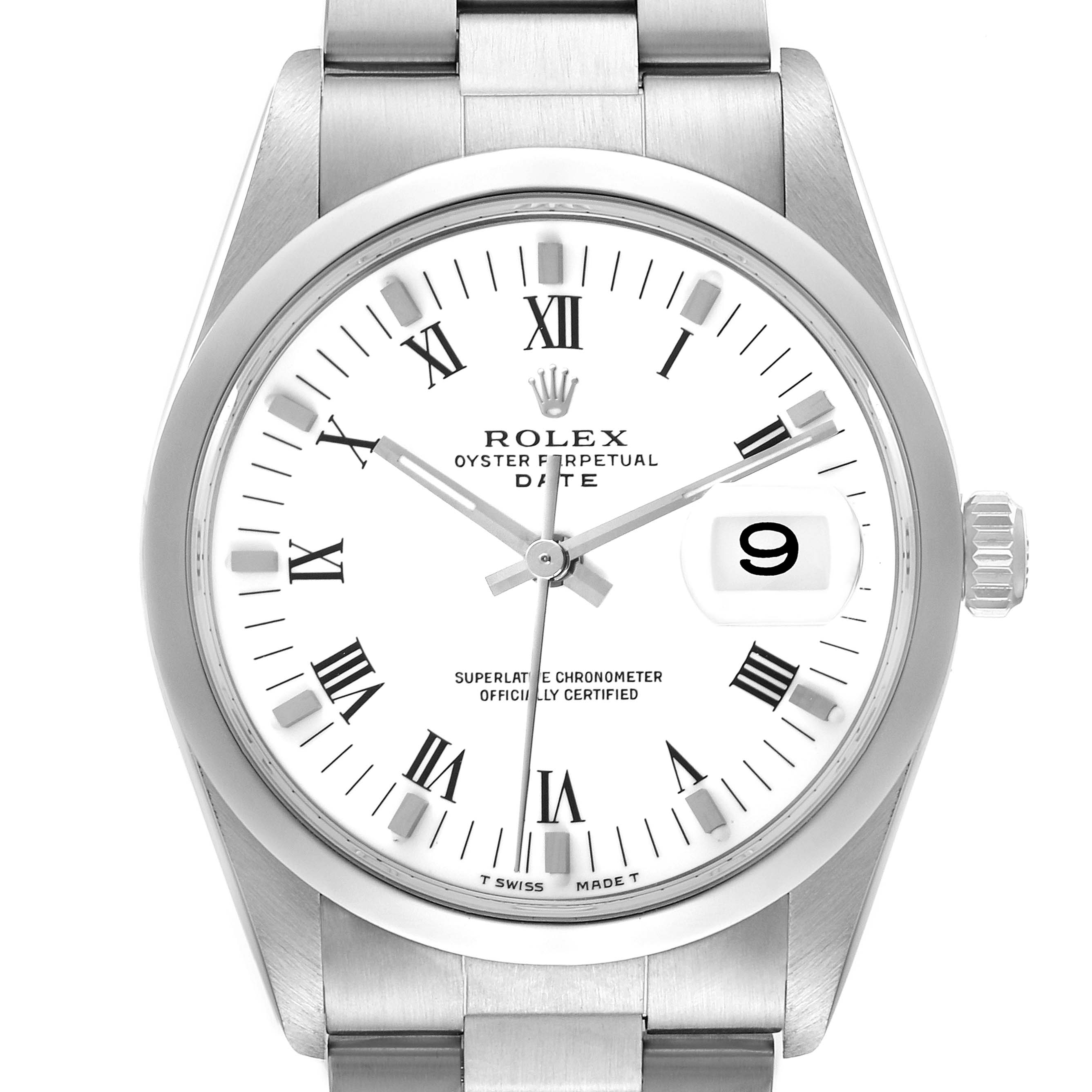 The Rolex Date model 15200 is shown from a direct front angle, highlighting the dial, Roman numerals, date window, and crown.