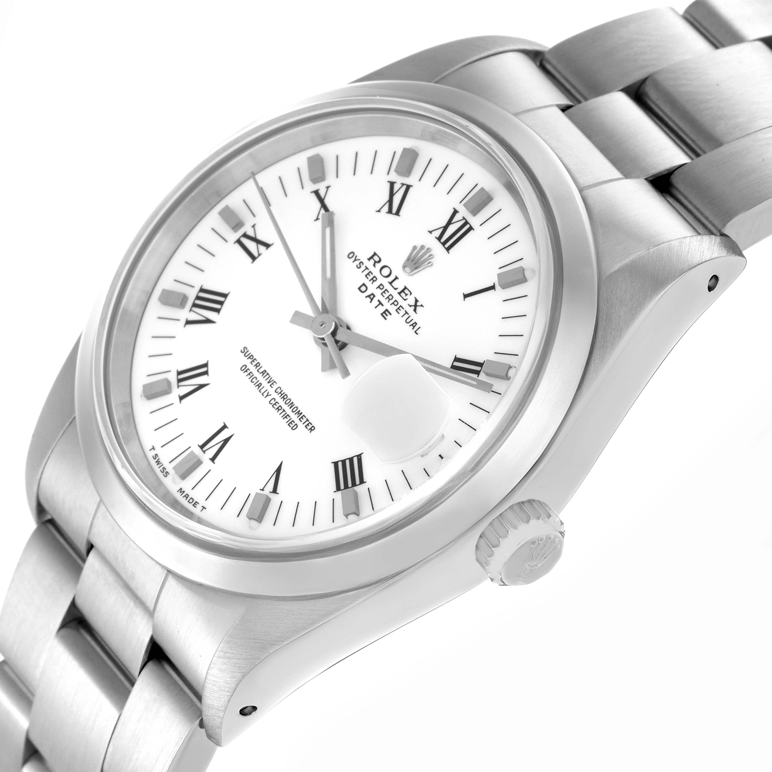The image shows a Rolex Date model 15200 men's watch at an angled view, highlighting its white dial, Roman numerals, date window, crown, and metal bracelet.