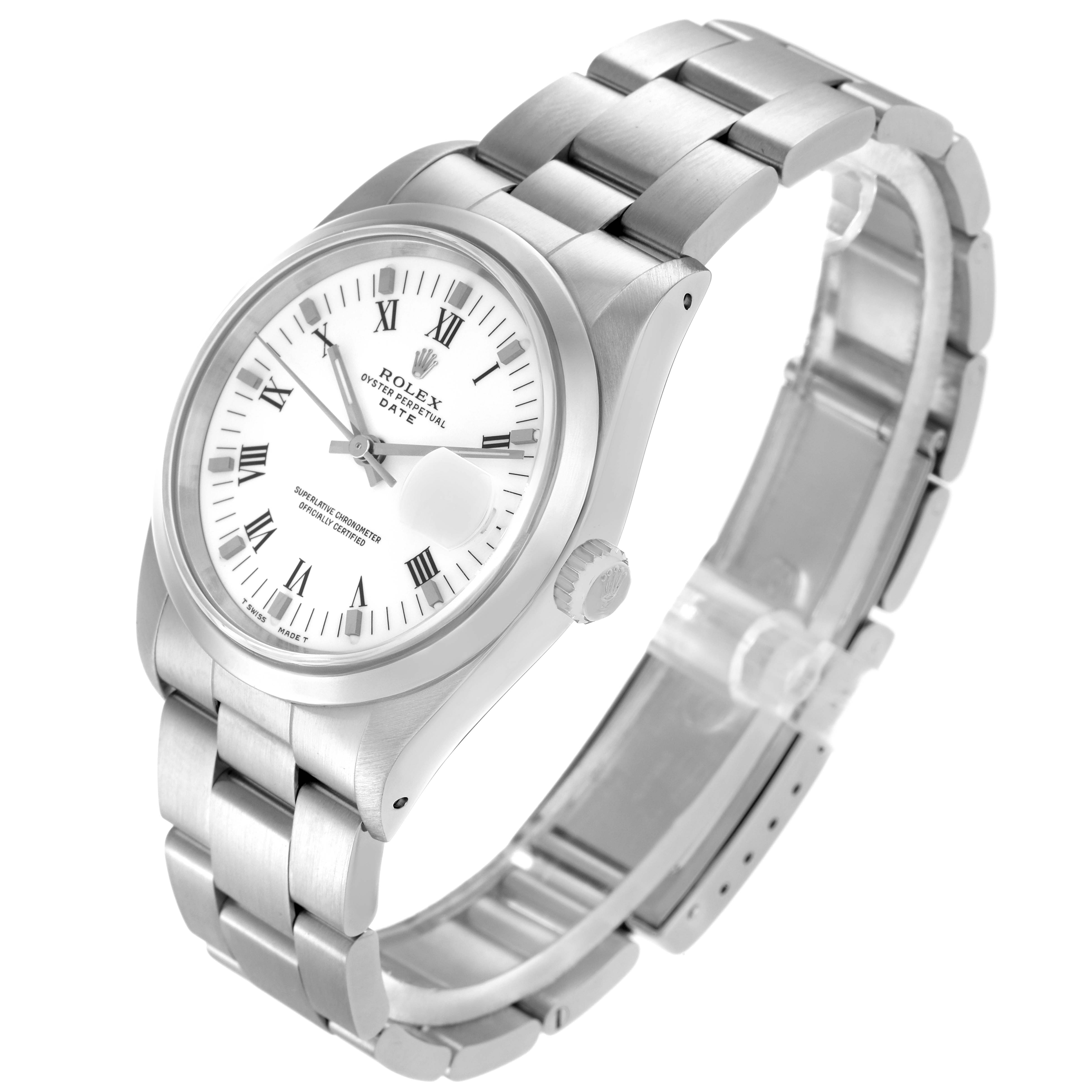 The Rolex Date model 15200 men's watch is shown at a three-quarter angle, displaying the dial, bezel, crown, and bracelet.