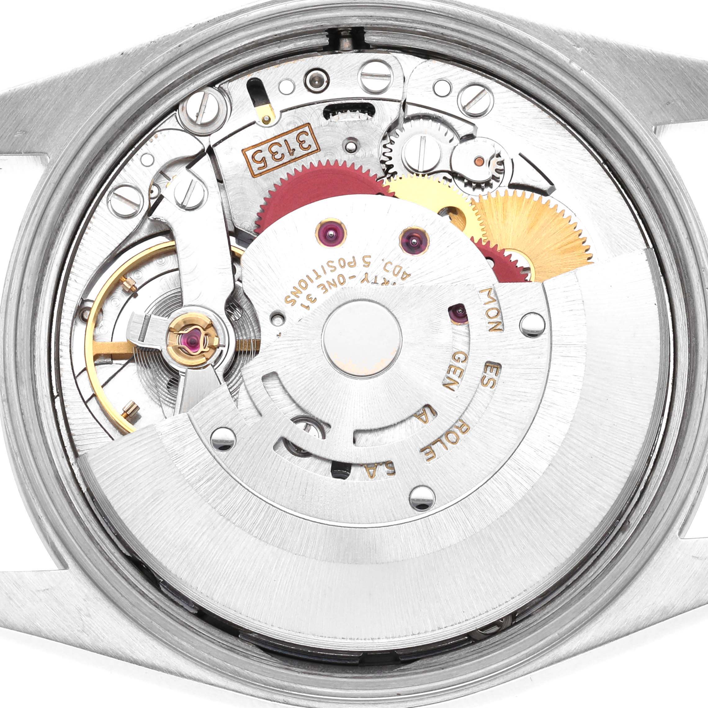 The image shows the inner movement mechanism of a Rolex Date model 15200 men's watch, viewed from the case back.