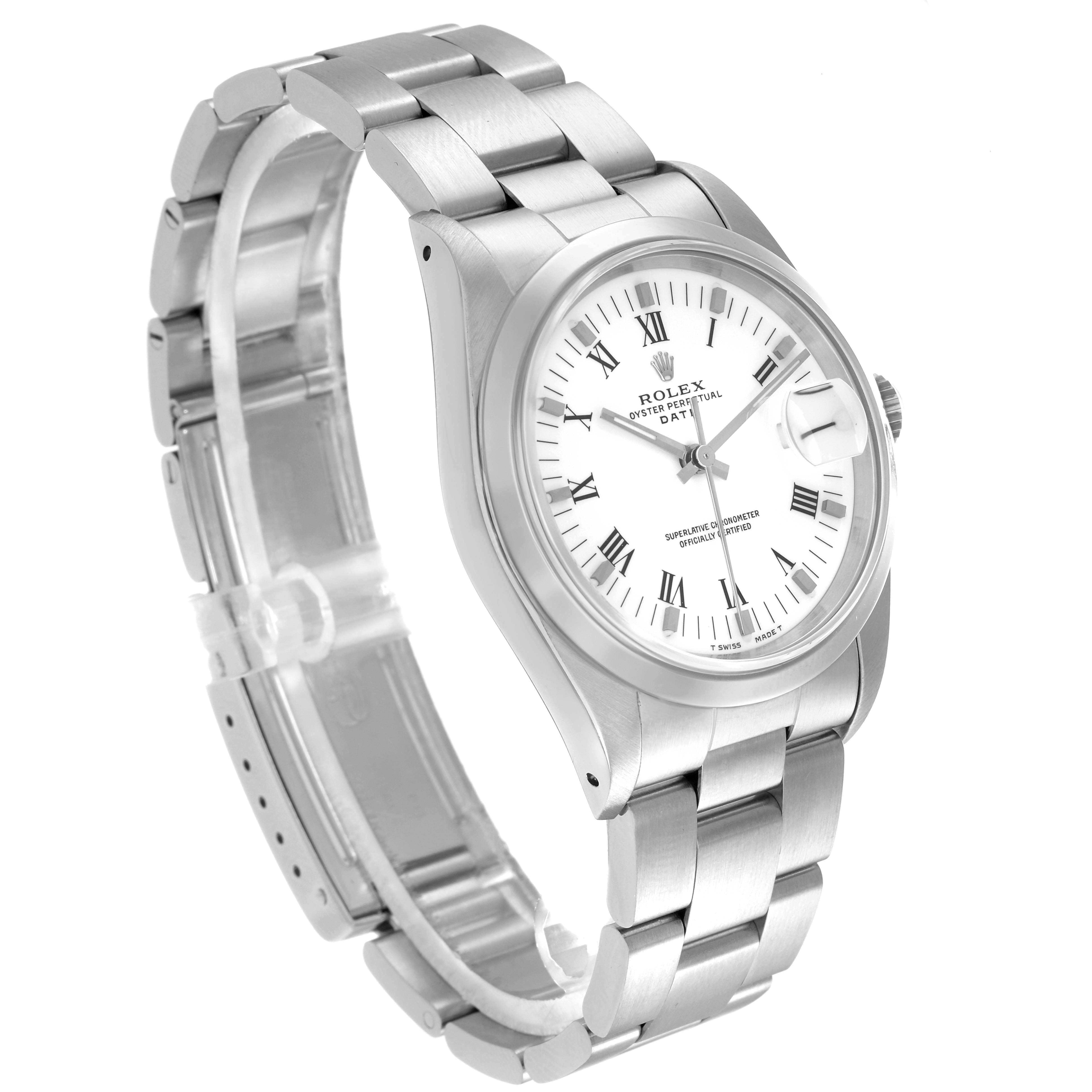 The Rolex Date model 15200 is shown in a front angle, highlighting the dial, crown, and bracelet.