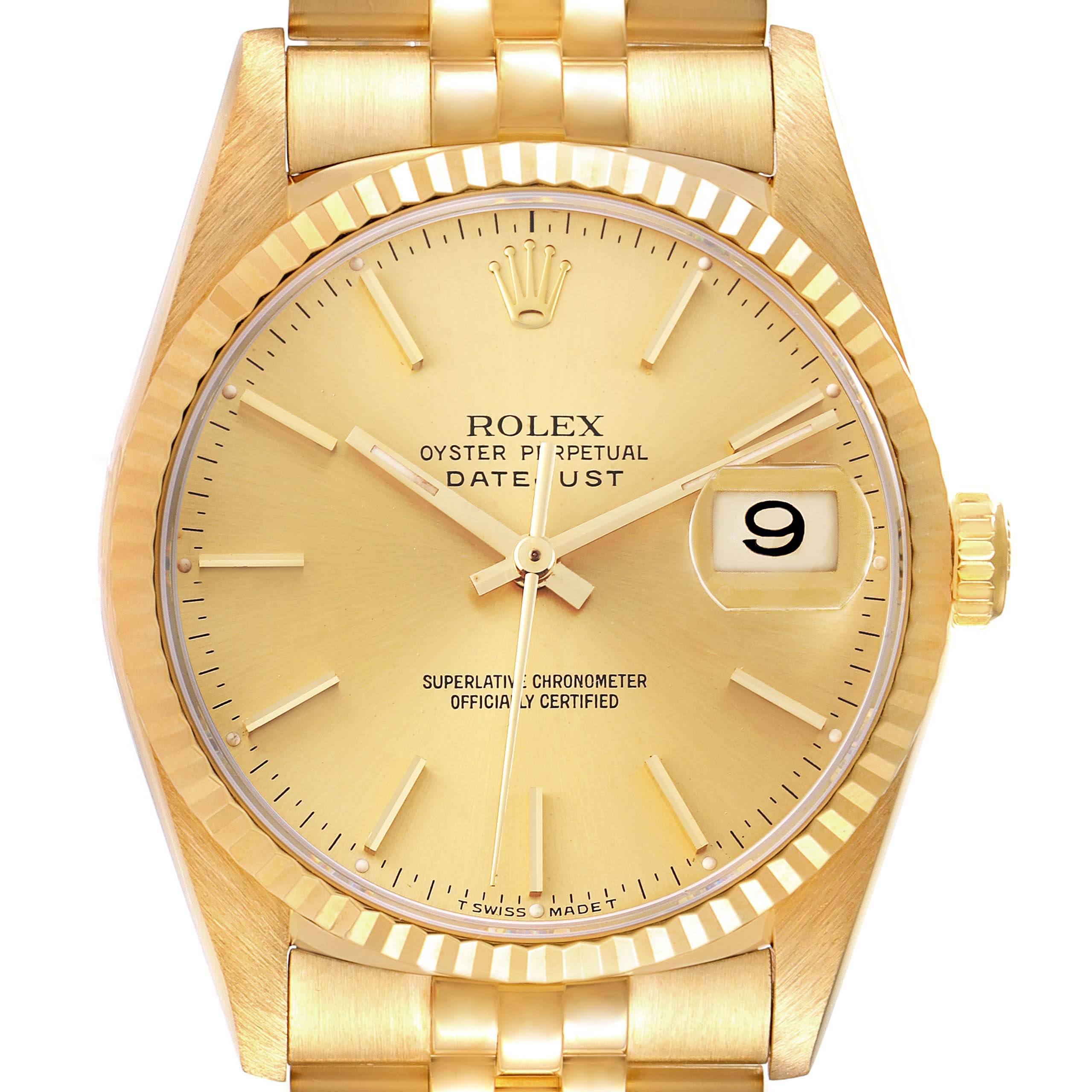 The image shows a front view of the Rolex Datejust 16238 Men's Yellow Gold Champagne Dial 16238 Men's Yellow Gold Champagne Dial watch displaying its gold dial, bezel, bracelet, and cyclops date window.