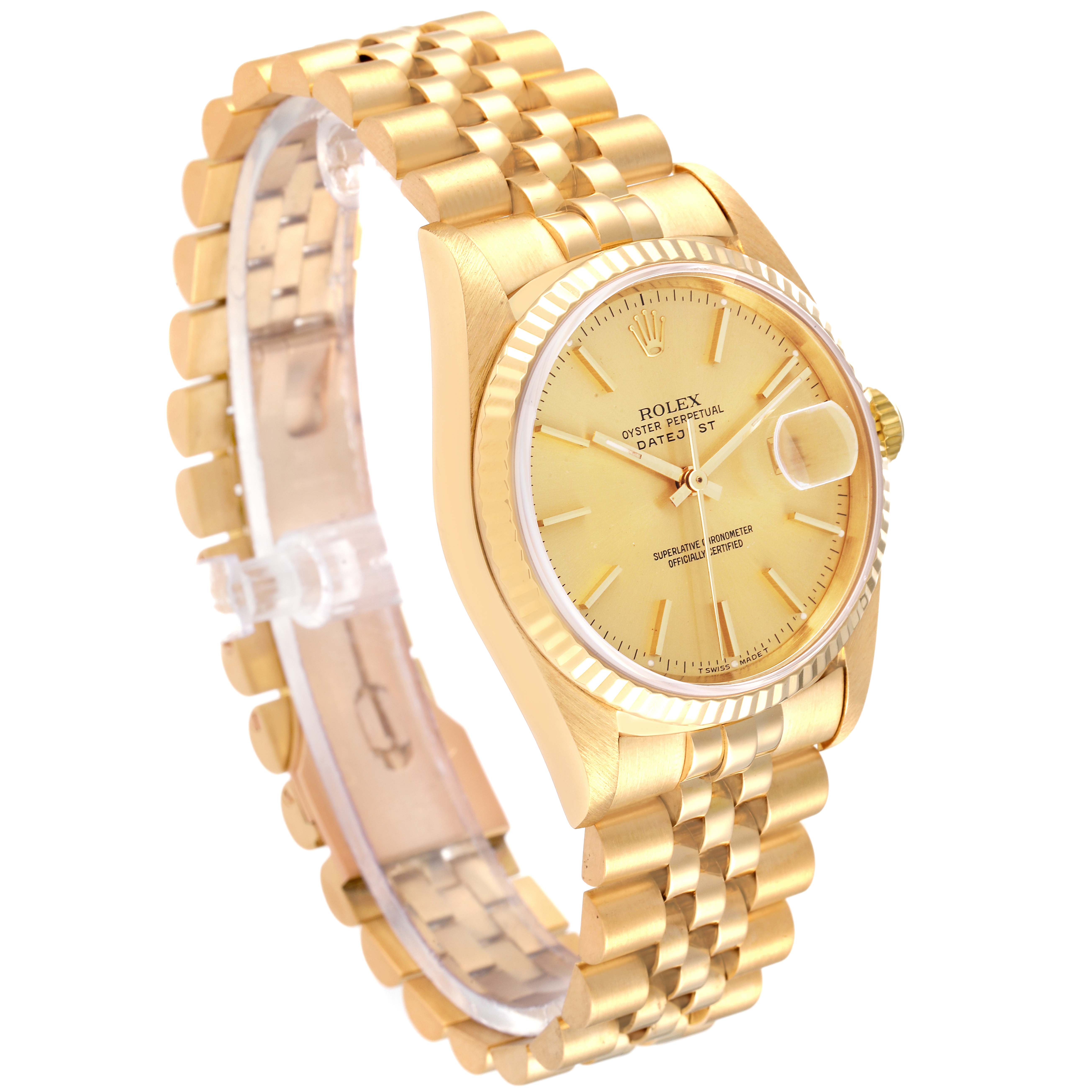 The Rolex Datejust 16238 Men's Yellow Gold Champagne Dial 16238 Men's Yellow Gold Champagne Dial watch is shown at a three-quarter angle, clearly displaying the dial, bezel, and bracelet.