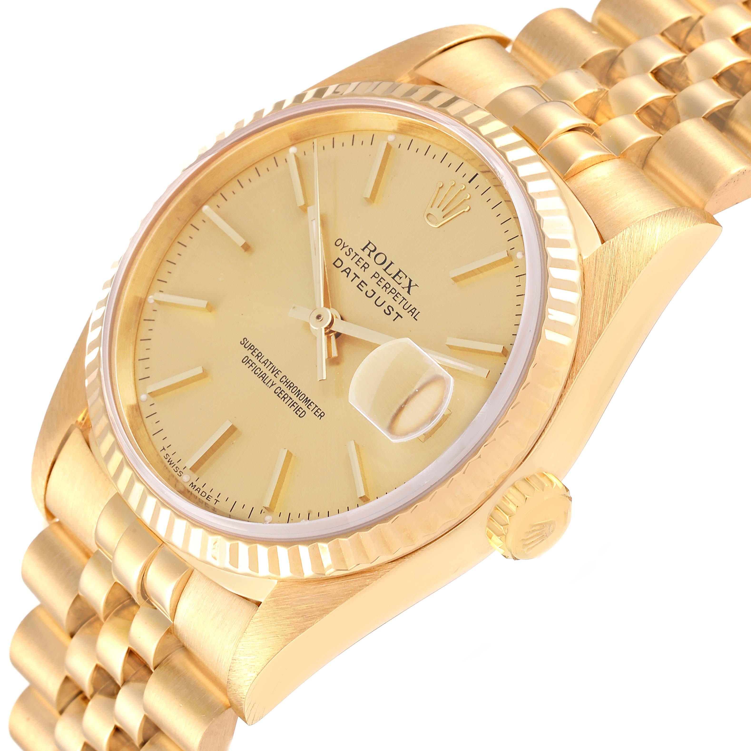 The image shows a close-up, angled view of a gold Rolex Datejust 16238 Men's Yellow Gold Champagne Dial 16238 Men's Yellow Gold Champagne Dial watch, highlighting the dial, bezel, and bracelet.