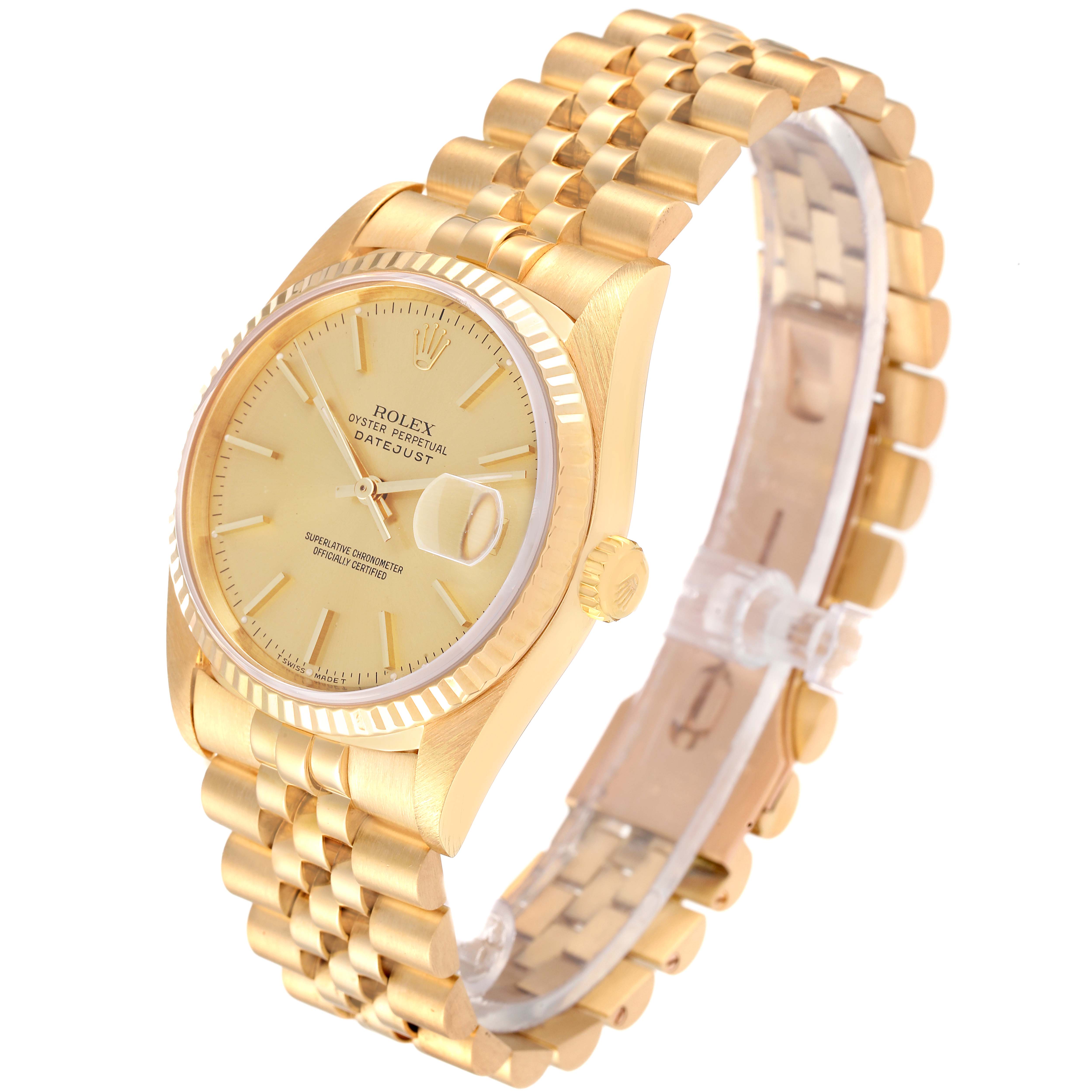 The image shows a Rolex Datejust 16238 Men's Yellow Gold Champagne Dial 16238 Men's Yellow Gold Champagne Dial watch from an angled top view, highlighting the dial, bezel, crown, and bracelet.