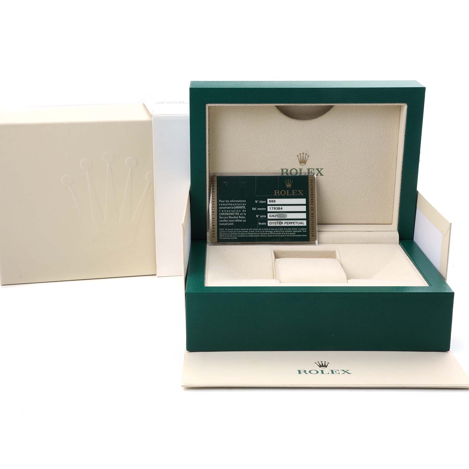 The image shows a Rolex Datejust 179384 Women's Stainless Steel Blue Dial packaging set with a green box and card, all viewed from the front.
