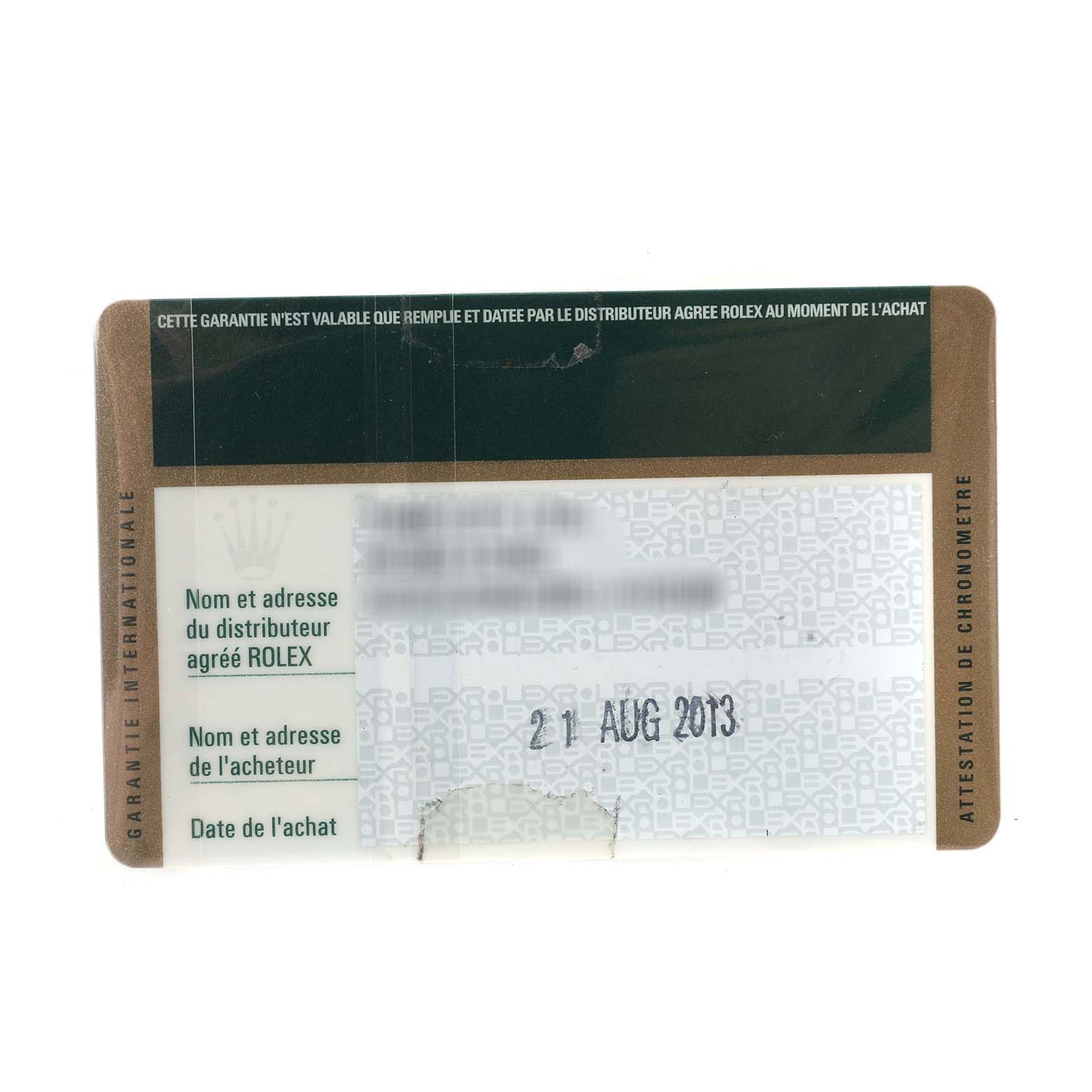 The image shows the warranty card for a Rolex Datejust 179384 Women's Stainless Steel Blue Dial, displaying purchase details and store information.